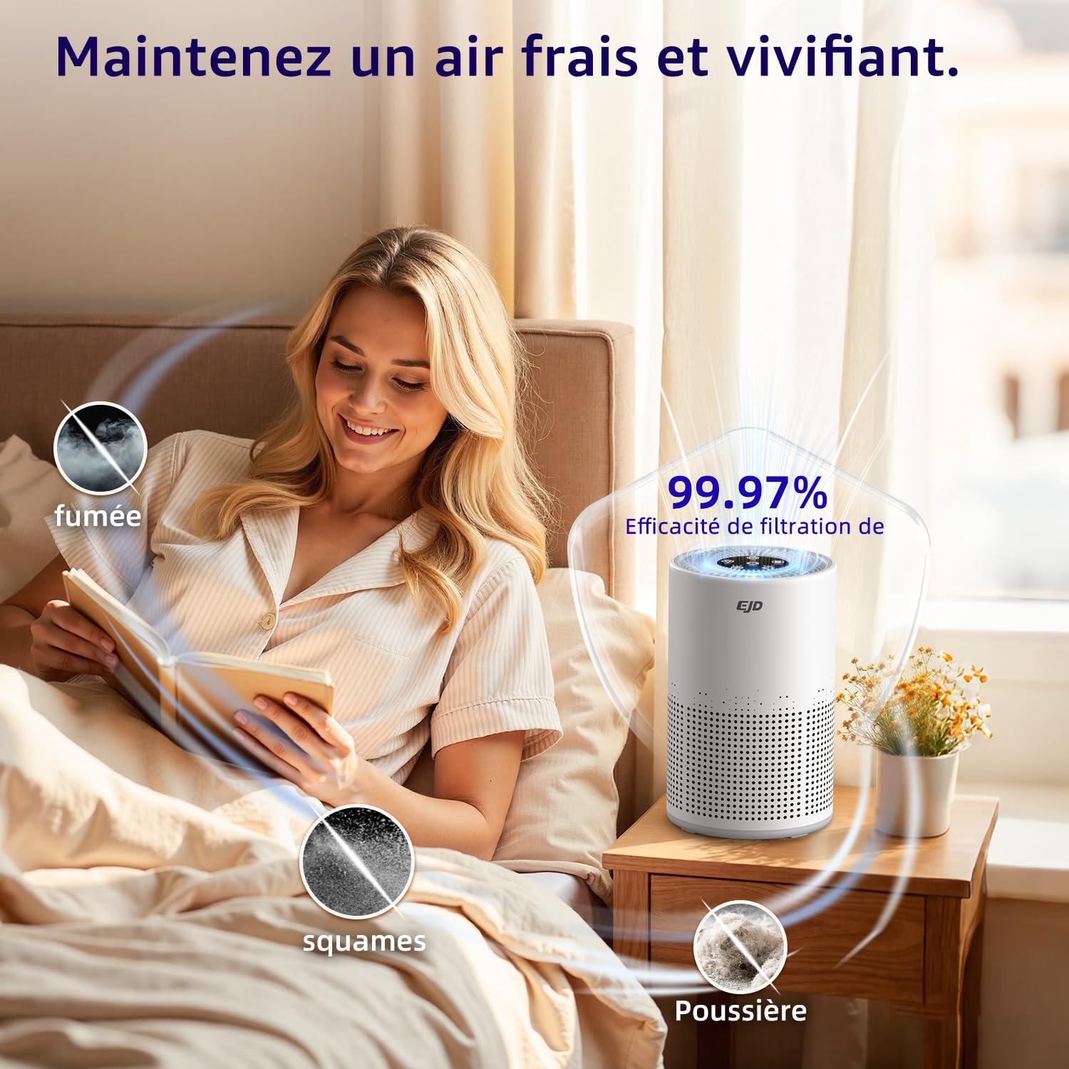 Purificateur d'air silencieux pour chambre à coucher, filtre HEPA H13 à 3 niveaux, 3 vitesses, mode nuit (12 dB) pour éliminer le pollen, la poussière, les squames d'animaux et les odeurs.