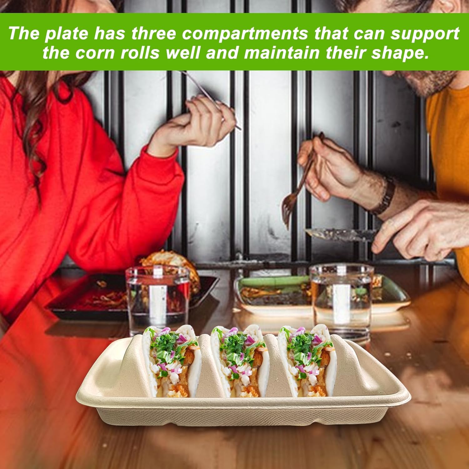 100PCS Disposable Taco Holder for Party，Disposable Taco Plates with 3 Dividers Disposable Taco Holders for Taco Tray Holder, Pulp Fiber Plates Disposable for Taco Tuesday Lazy Susan Taco Bar