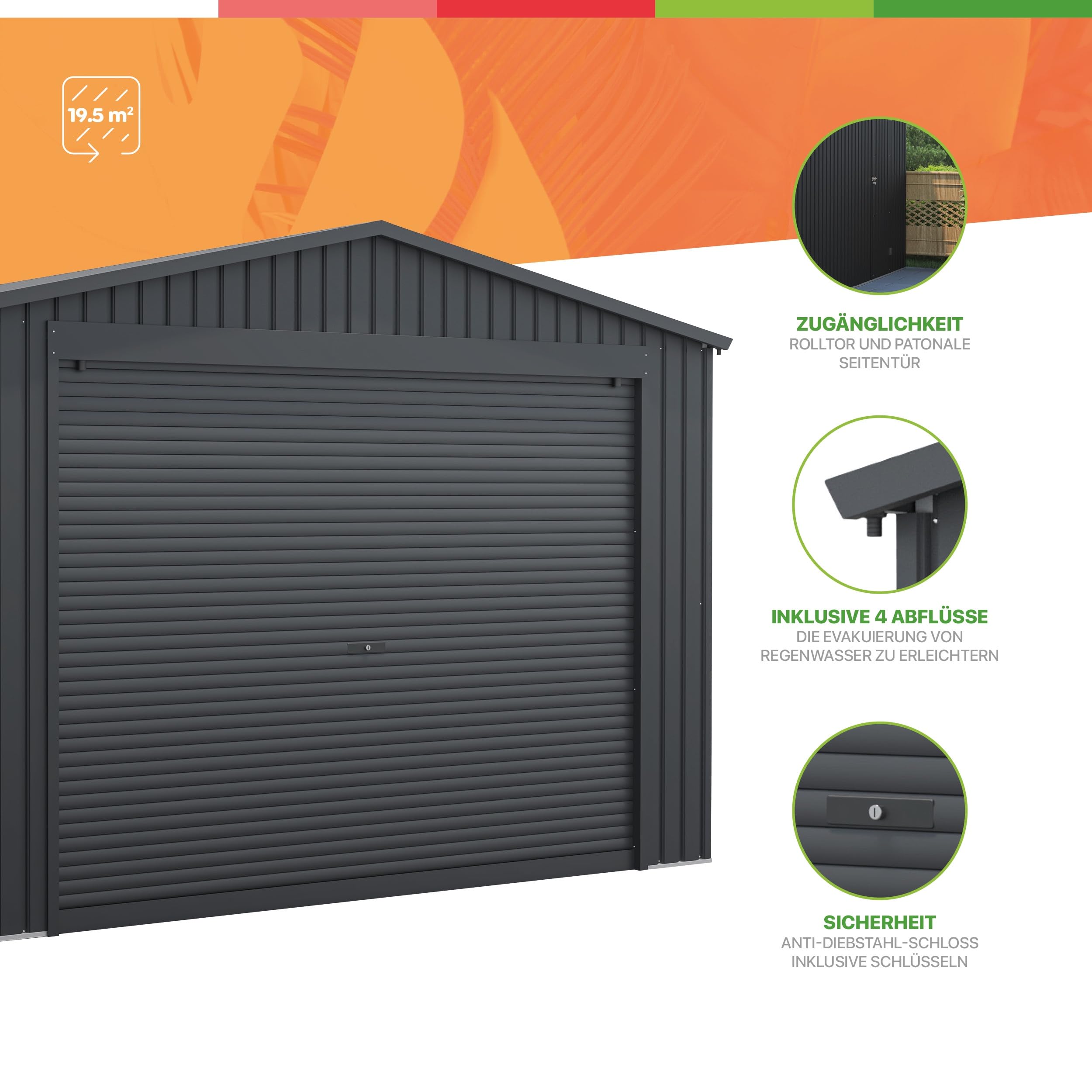 Wasabi - Metallischer Garagenunterstand 19,52 m² Jarama - 576x338x243 cm - Außen-Carport - Große Rolltür - Seitlicher Fußgängerzugang - Grau - Außenlagerung