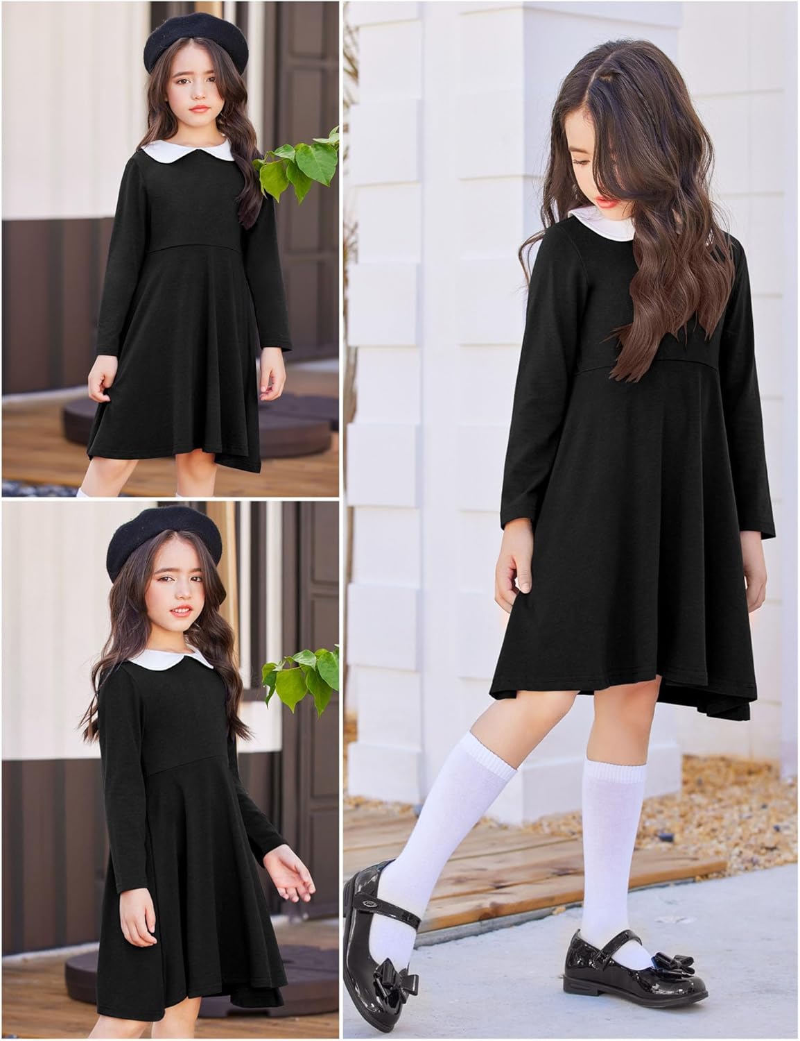 Arshiner Girls Long Sleeve Dress Casual Vintage Peter Pan Collar Swing Party Dress Age 3-14 Years - Image 5
