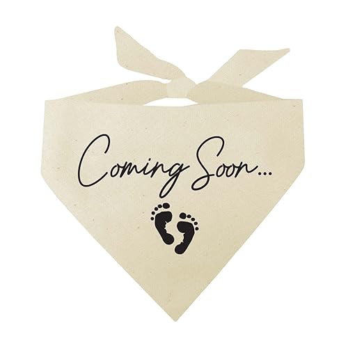 Coming Soon Dog Bandana | 100% Unbleached Cotton Adjustable Triangle | Made in USA | Pregnancy Announcement | Photoshoot Prop | New Baby | Gender Reveal |Natural, X-Small (769)