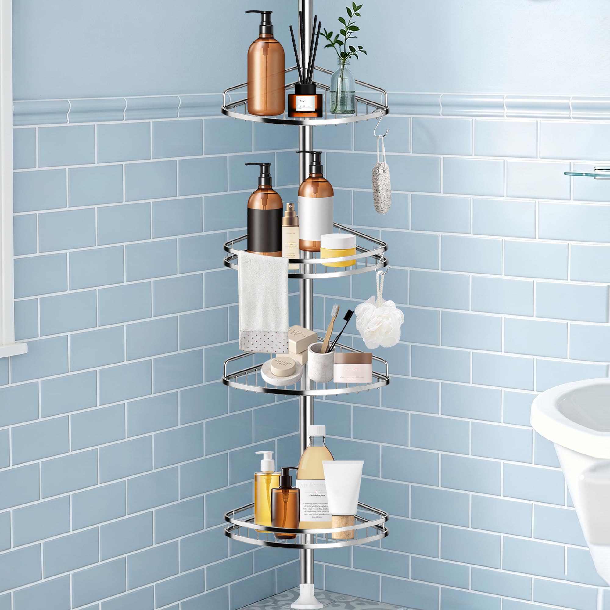 Photo 1 of ***SIMILAR***
Corner Shower Caddy Tension Pole – 4-Tier Rustproof Bathroom Organizer, No-Drill Adjustable Shower Shelves for Inside Shower, Space-Saving Storage for Renters Family (Silver)