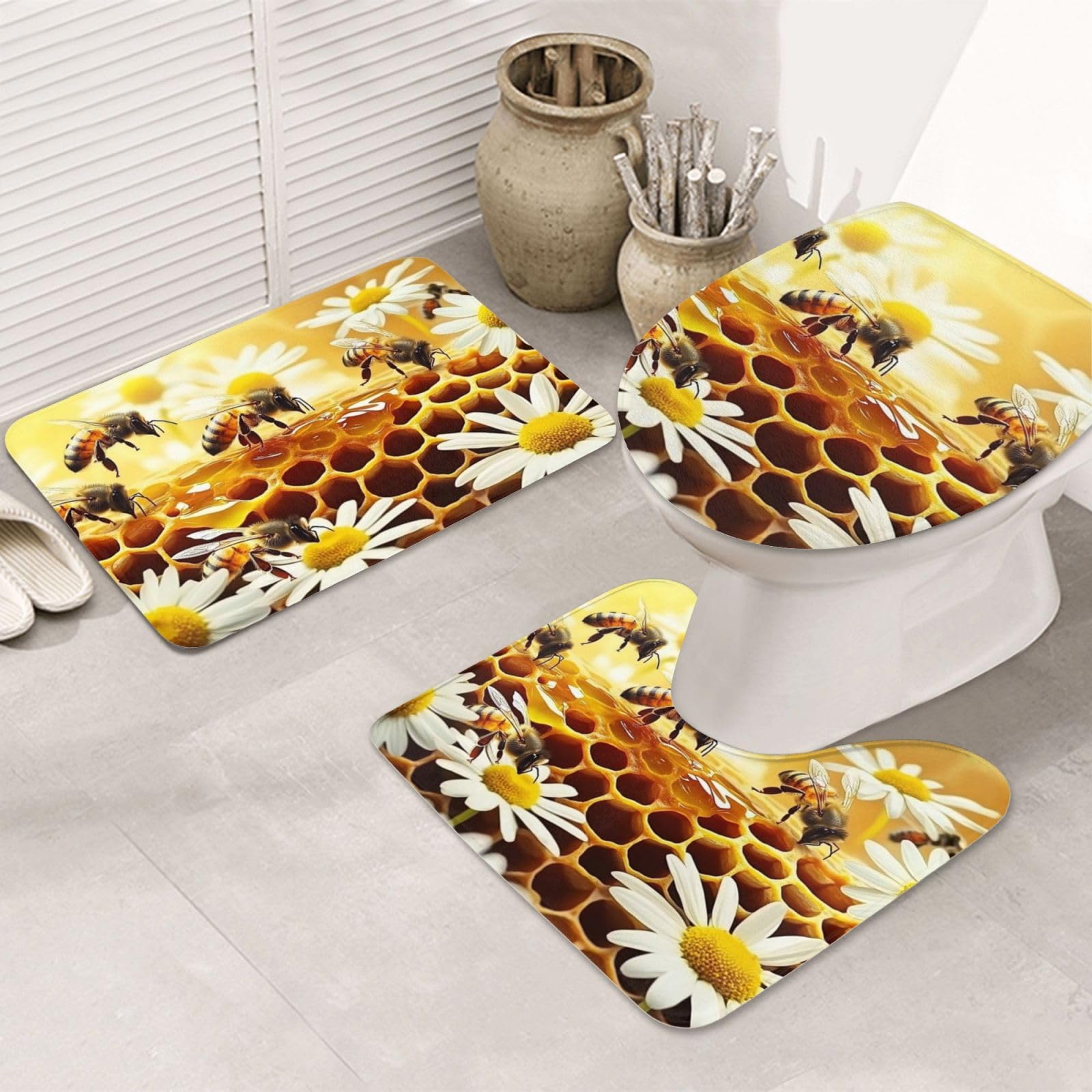 Alfombras de baño primaverales de abejas set para decorar el suelo del aseo con calidez