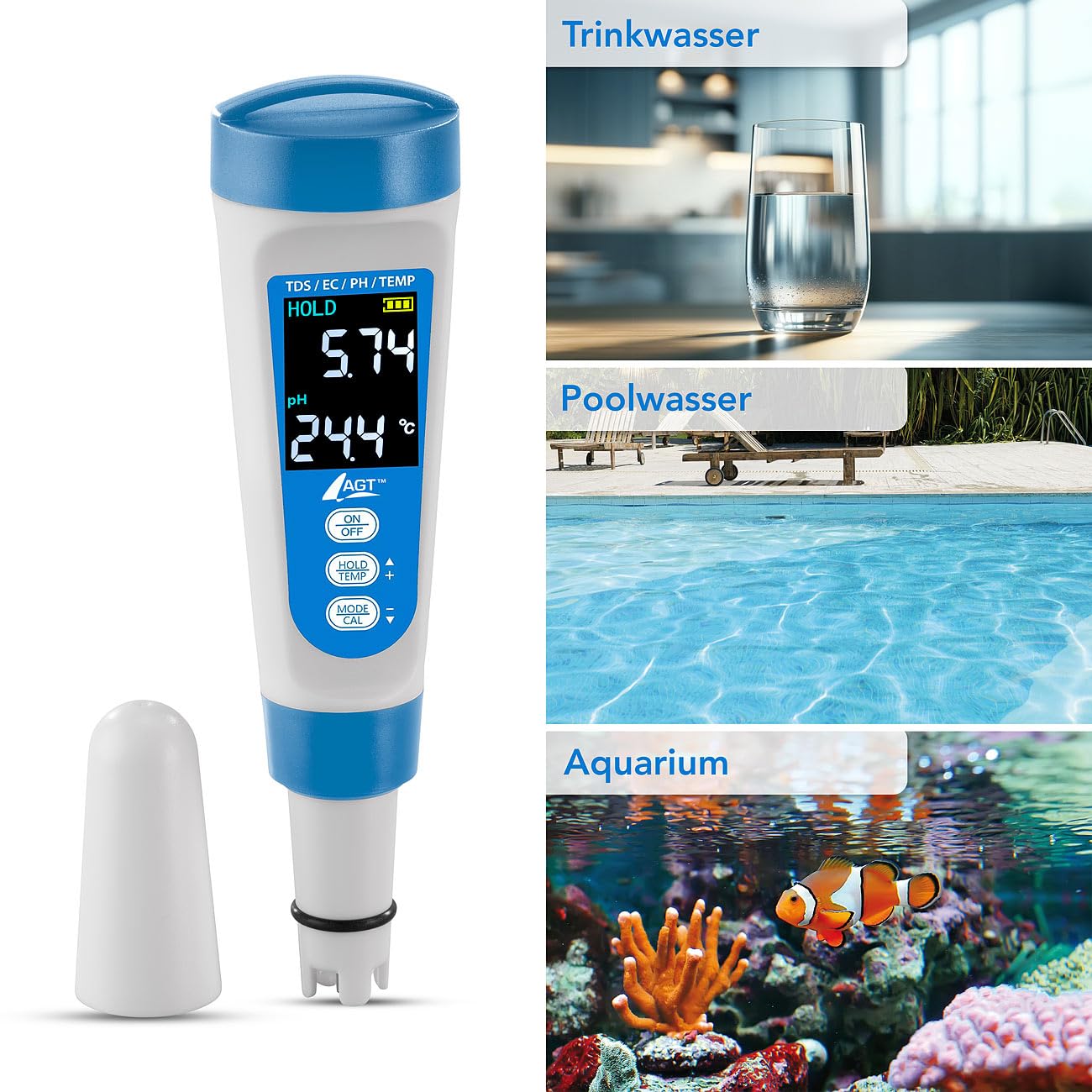 Digitales 4in1-Wasserqualitäts-Messgerät pH Tester mit LCD-Display IP55 für Pool