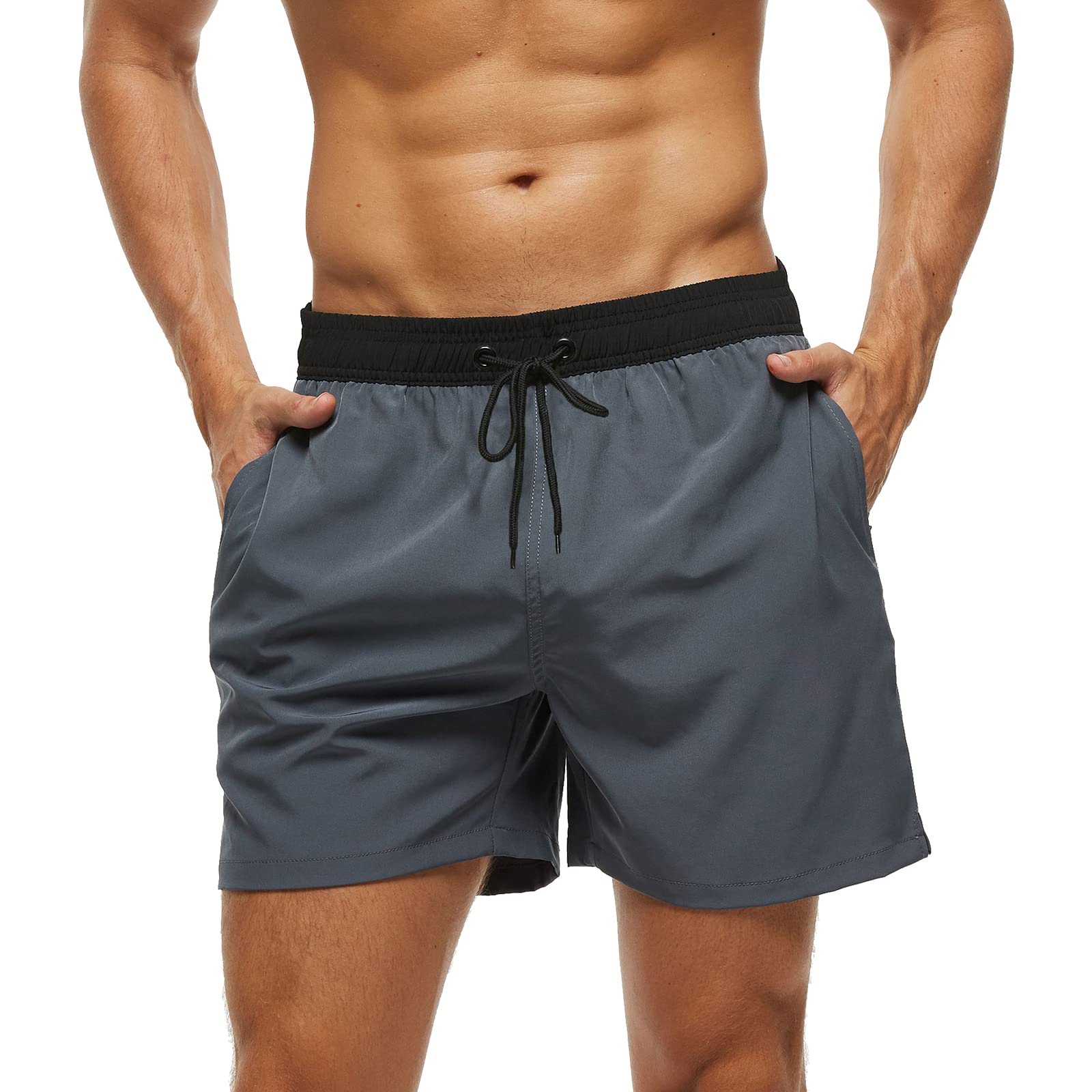 Aisprts Badehose Herren mit Reißverschlusstasche Wasserabweisend Badehosen Männer Badeshorts Herren Atmungsaktiv Mit Tunnelzug Meshfutter (A3 Schwarz+Grau,M)