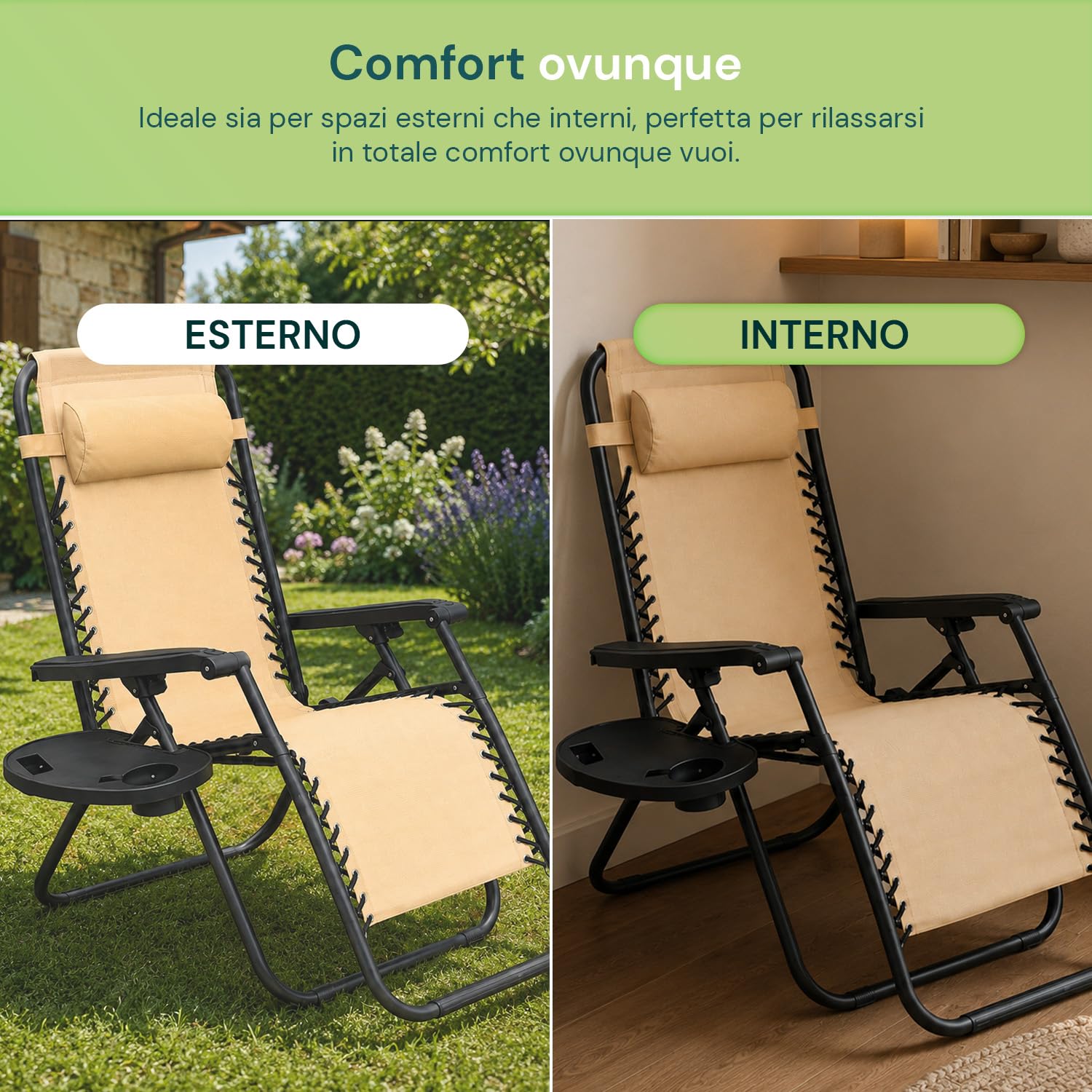 Avilia - Sedia da Giardino Pieghevole con Vassoio Laterale Portabevande – Ferro, Seduta Teslin, 120 kg | Sedia Giardino Pieghevole Reclinabile, L65×P87/176×A108/80 cm, Facile da Pulire