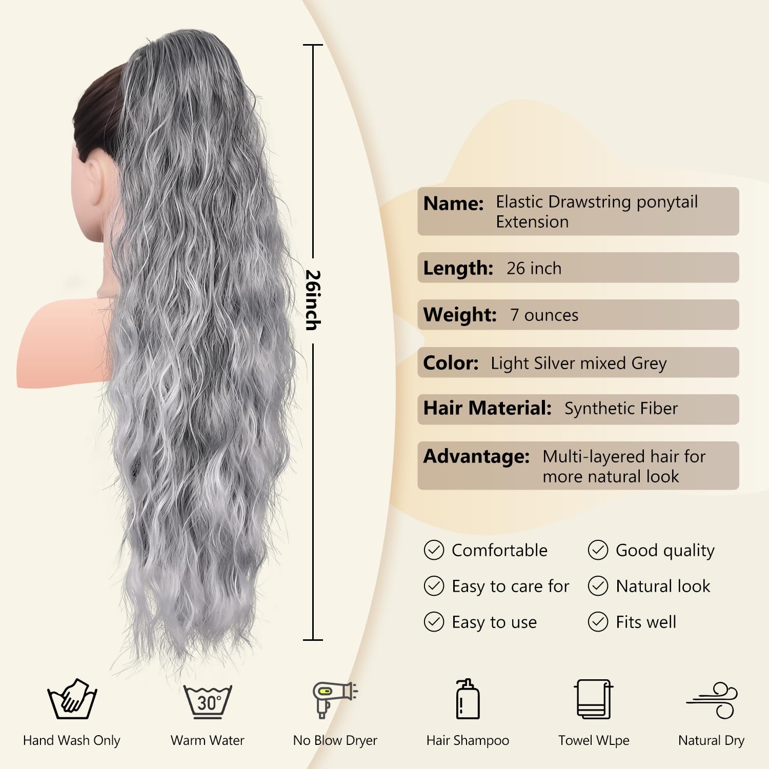 LEEONS 26 inch Drawstring ponytail Extension, Long Wavy pony tails hair extensions for Women - Synthetic Hairpiece Ponytail for Daily Use (Light Silver mixed Grey) Light Silver mixed Grey 26 Inch