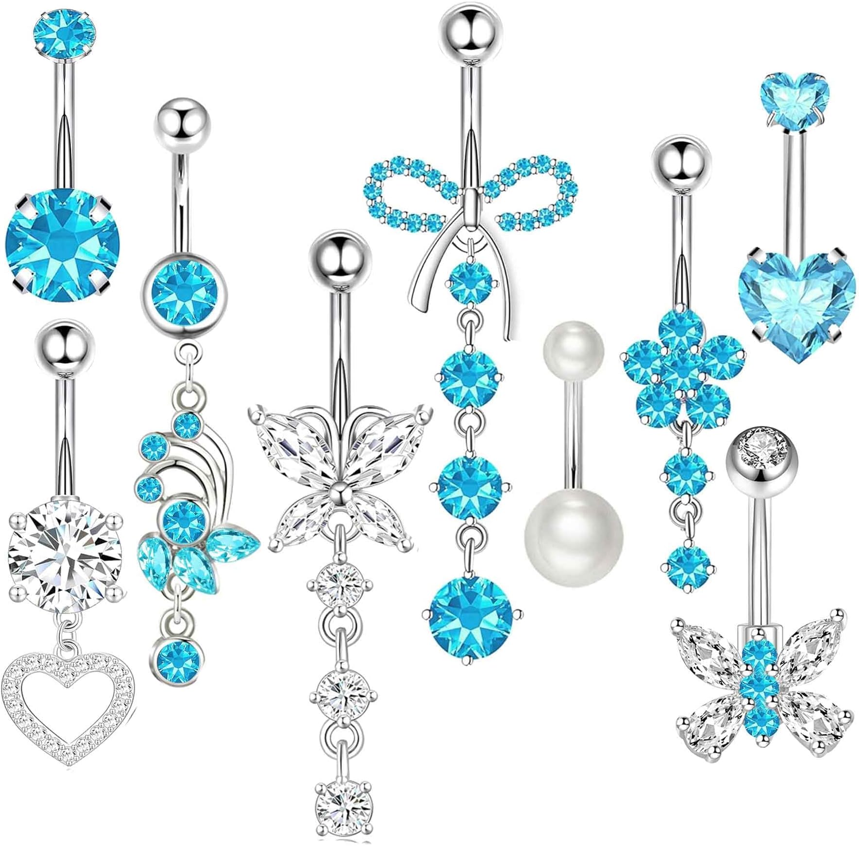 14G Belly Button ring Dangle Belly Rings Surgical Stainless Steel Cute Bow Butterfly Heart Flower Dangling Belly Button Piercing Jewelry For Women Silver Dainty Dangly Navel Ring