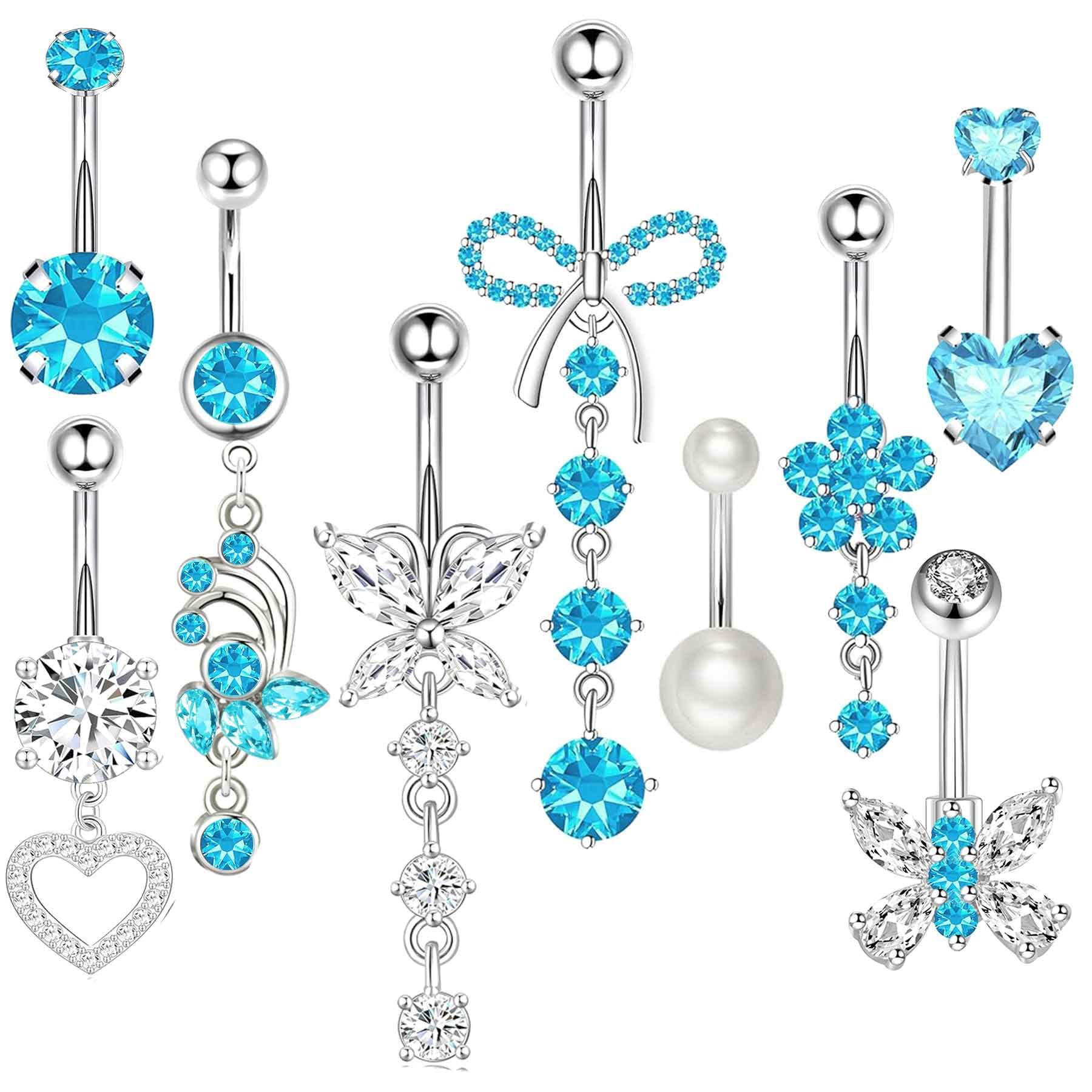 14G へそリング ダングル ベリーリング サージカルステンレススチール キュート 蝶 ハート 花 ぶら下がる へそピアス ジュエリー 女性用 シルバー 華奢 ぶら下がる へそリング