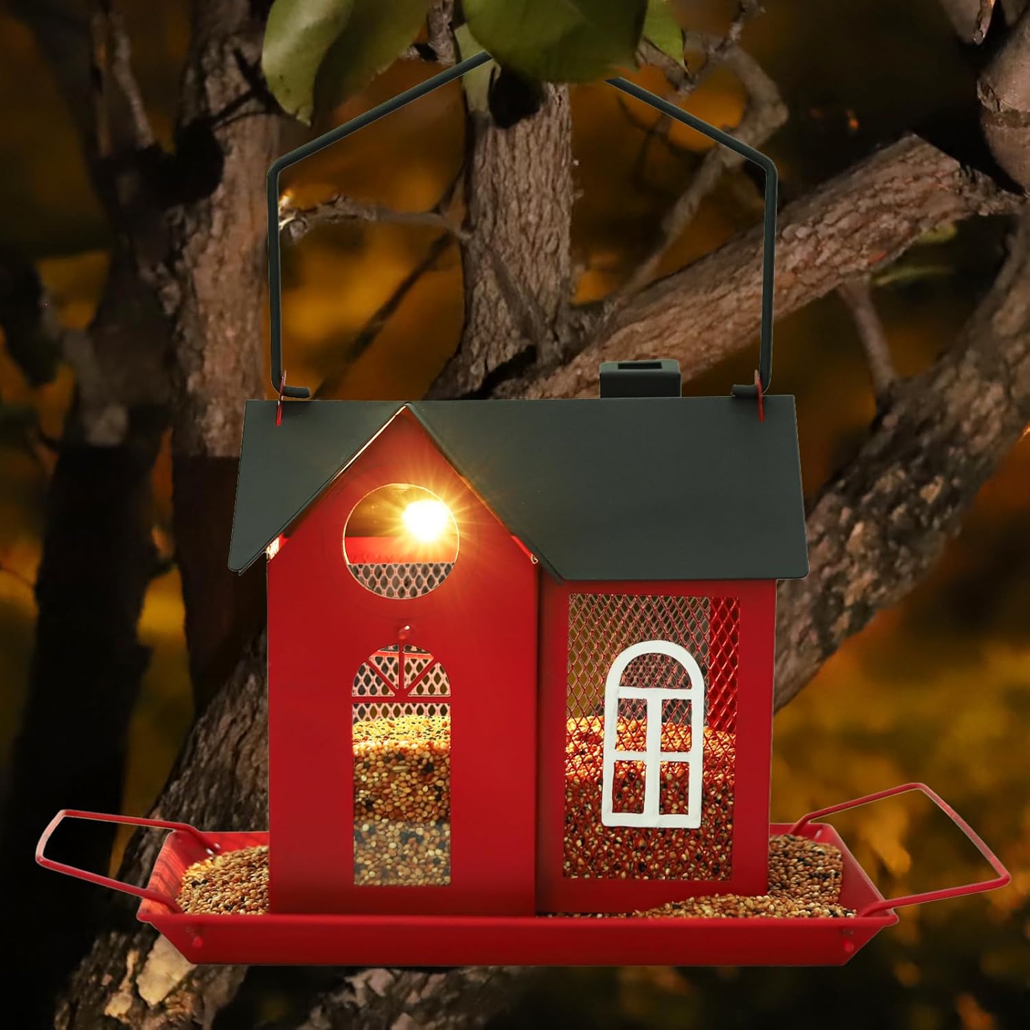 Solar Bird Feeder for Outdoors - Red Metal Hanging Bird Feeder with Solar Light, Decorative for Wild Cardinals, Finches, Weatherproof Backyard Garden Decor Ideal Gift for Women Mom Grandma