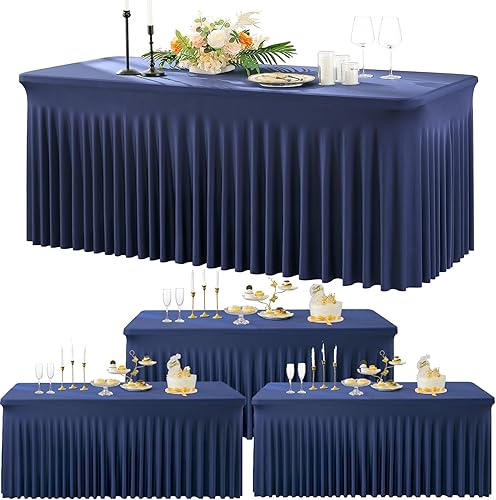 Htper Mantel de elastano azul marino para mesas rectangulares de 8 pies, mantel elástico de 8 pies sin arrugas con falda para fiestas, bodas,