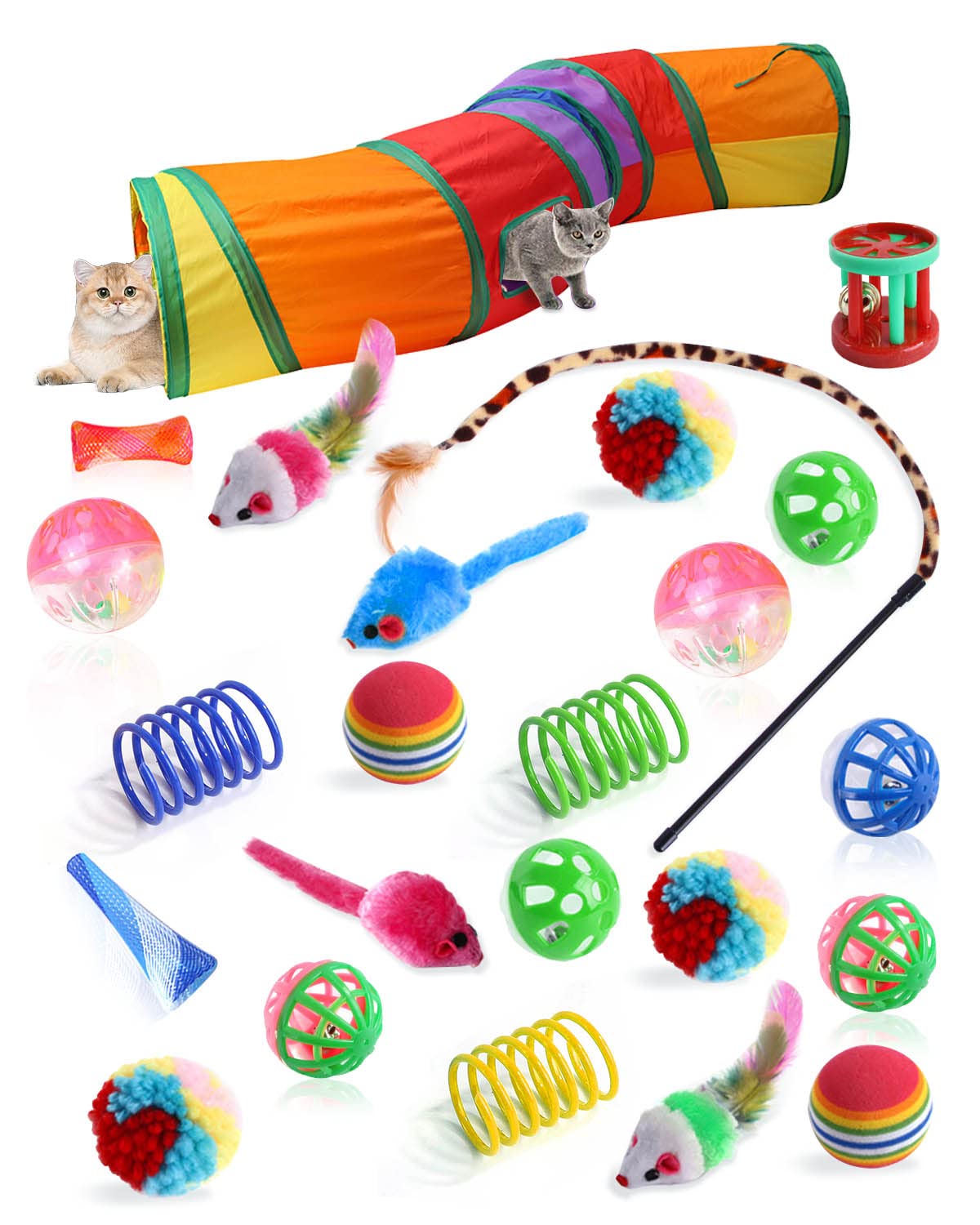 E-SMARTER Cat Toys 24pcs, Interactive Cat Toys for Indoor Cats, Collapsible Rainbow Cat Tunnel, Cat Toys for Indoor Cats Kitten, Cat Feather Toy Fluffy Mouse Crinkle Balls Toys for Cat, Kitty, Rabbit