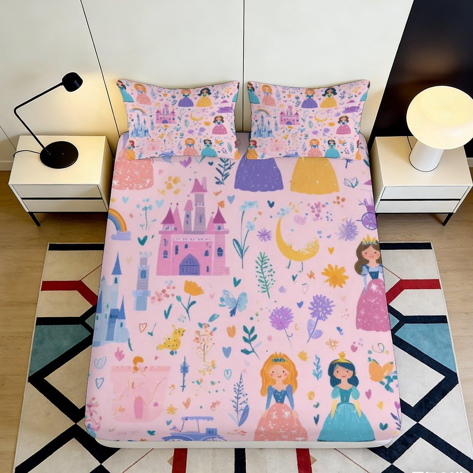 Jqzkxnhpbr Style-1 3D Printed Princess Castle Fitted Sheet Microfiber Pink Fairy Tale Bed Cover For Bedroom Dorm Easy Care 90X200x25cm