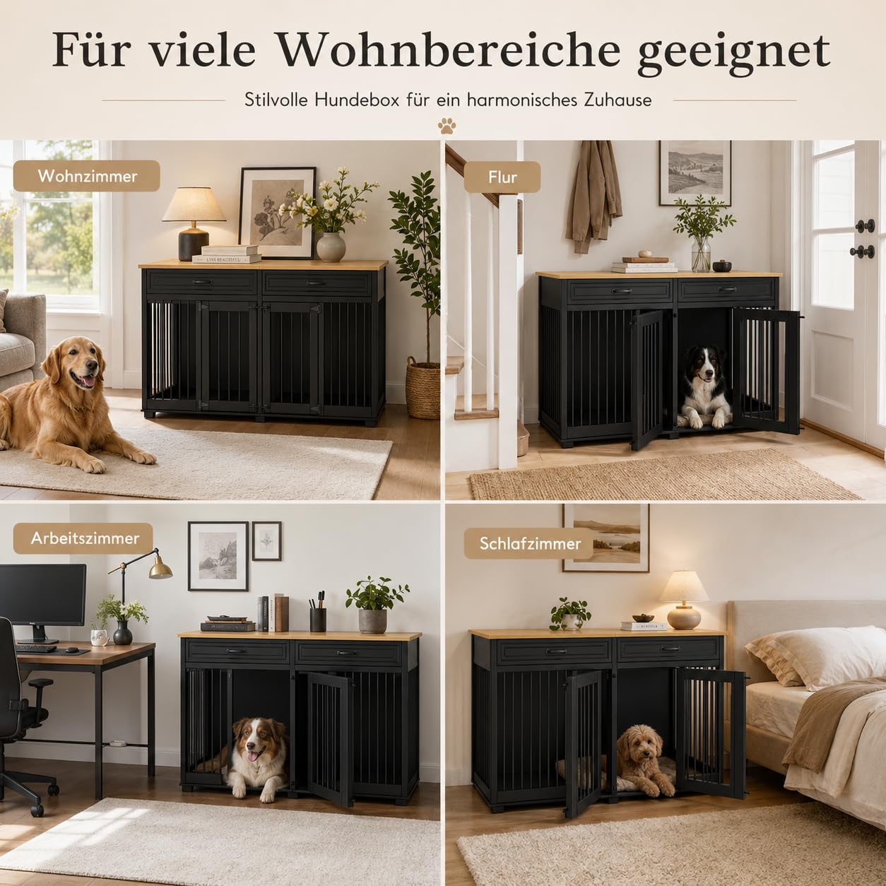 Hundekäfig für Zuhause, Eisen Hundebox,Hundebox XXL,Hundehütte Hundekiste für den Innenbereich,PB-Brett + Bügeleisen mit 2 Türen 164 x 80 x 60 cm, Metall, Schwarz