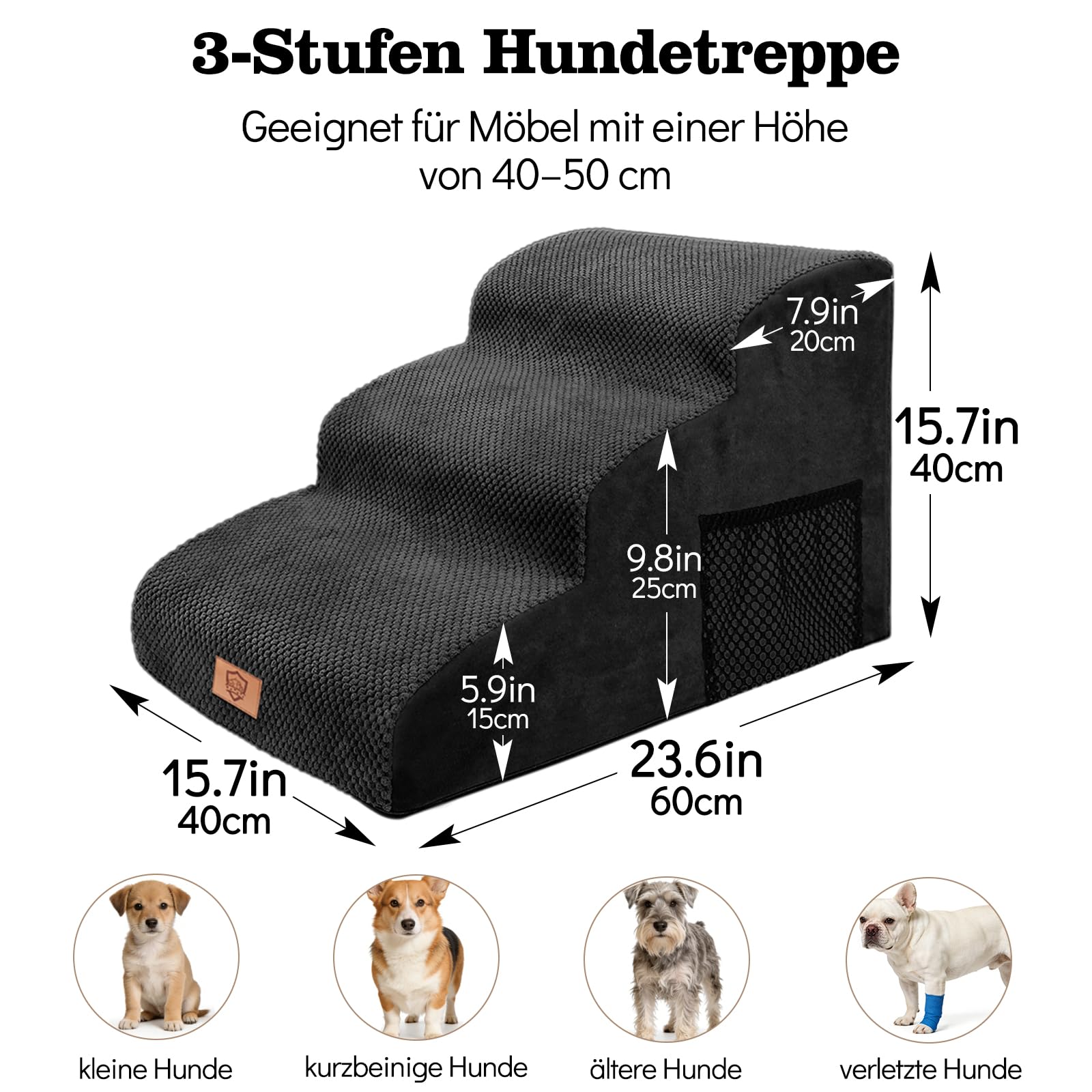 MASTERTOP Hundetreppe für kleine Hunde, Hundetreppe 3 Stufen aus Hochdichter Schwamm, rutschfest Tragbar Hunderampe Katzentreppe mit Tragegriff und Aufbewahrungstasche für Sofa Betten(Schwarz)