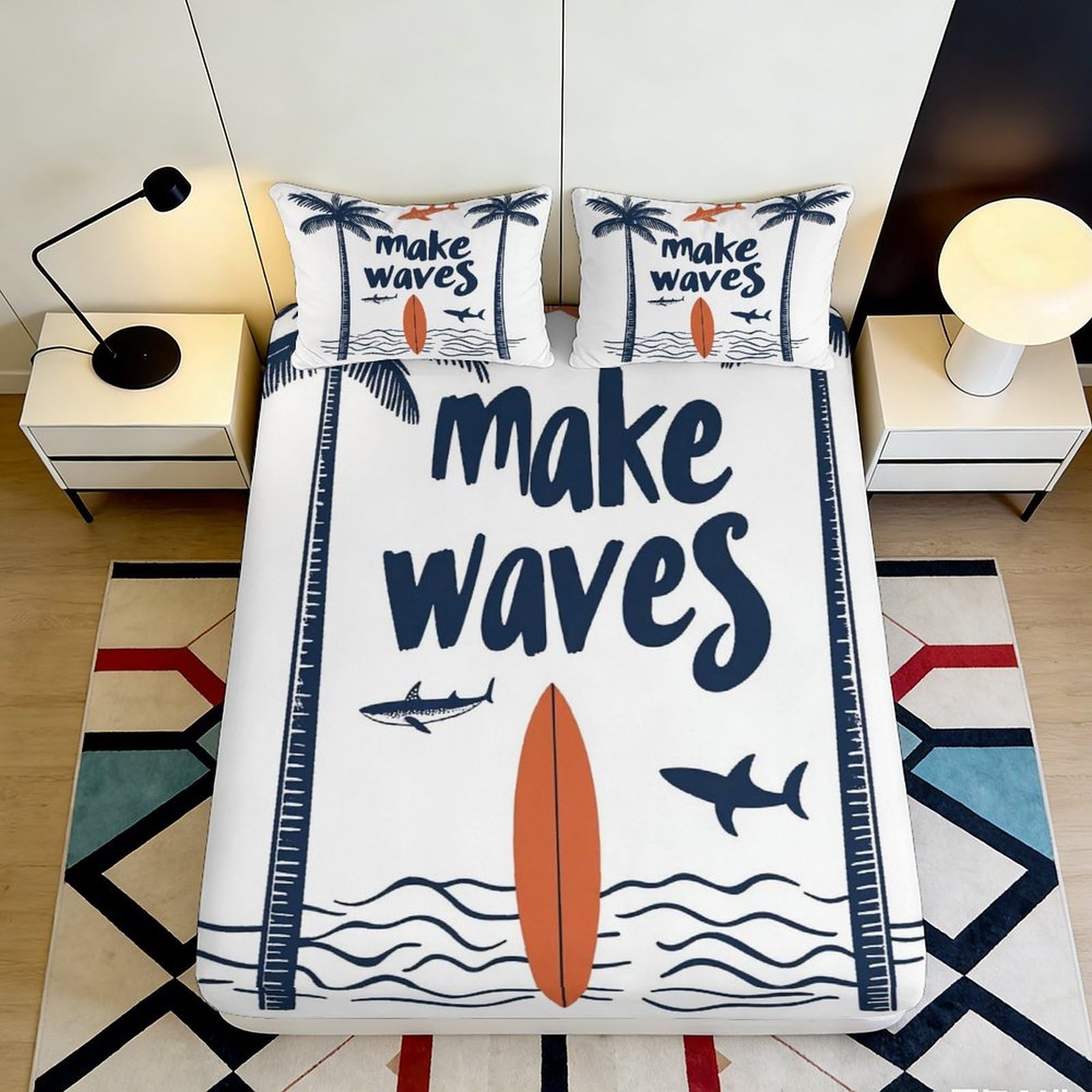 3D Printed Surf Beach Fitted Sheet Microfiber Soft Ocean Wave Mattress Cover Anti-Slip Easy Care for Bedroom Dorm Decor 120x200x25cm