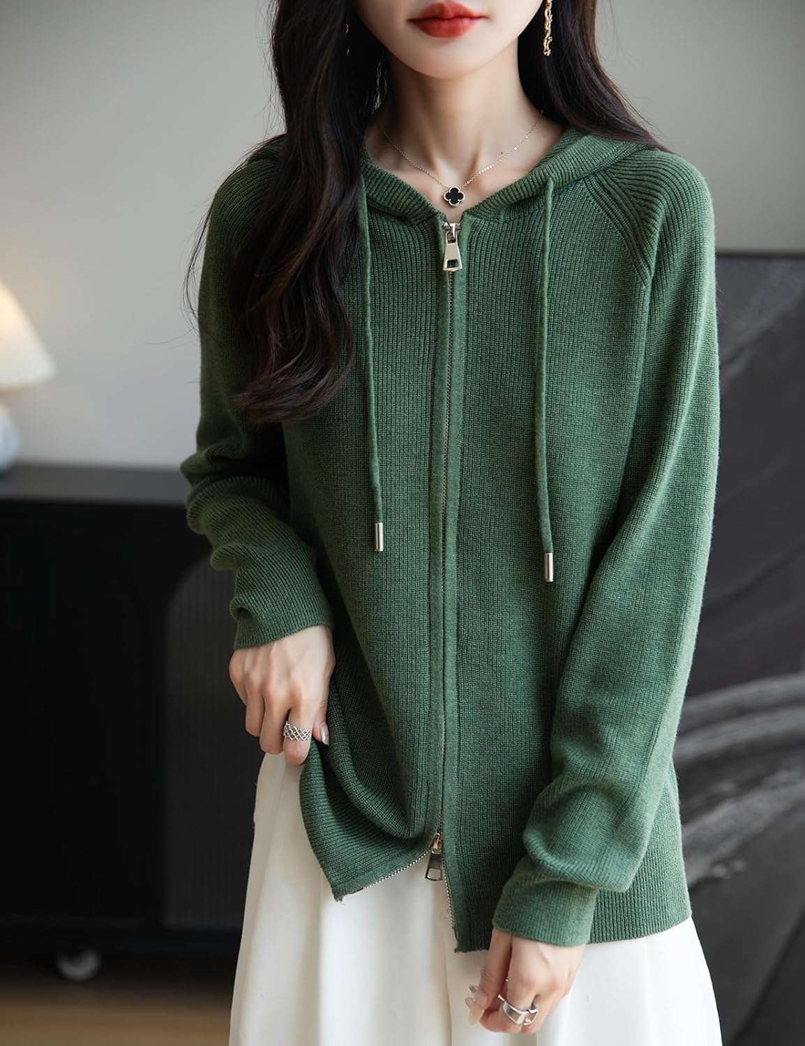 Women's Merino Wool Blend Cardigan 2025 Fall Winter Casual Zipper Sweatshirt Long Sleeve Ribbed Knit Hooded Cardigan - Image 2
