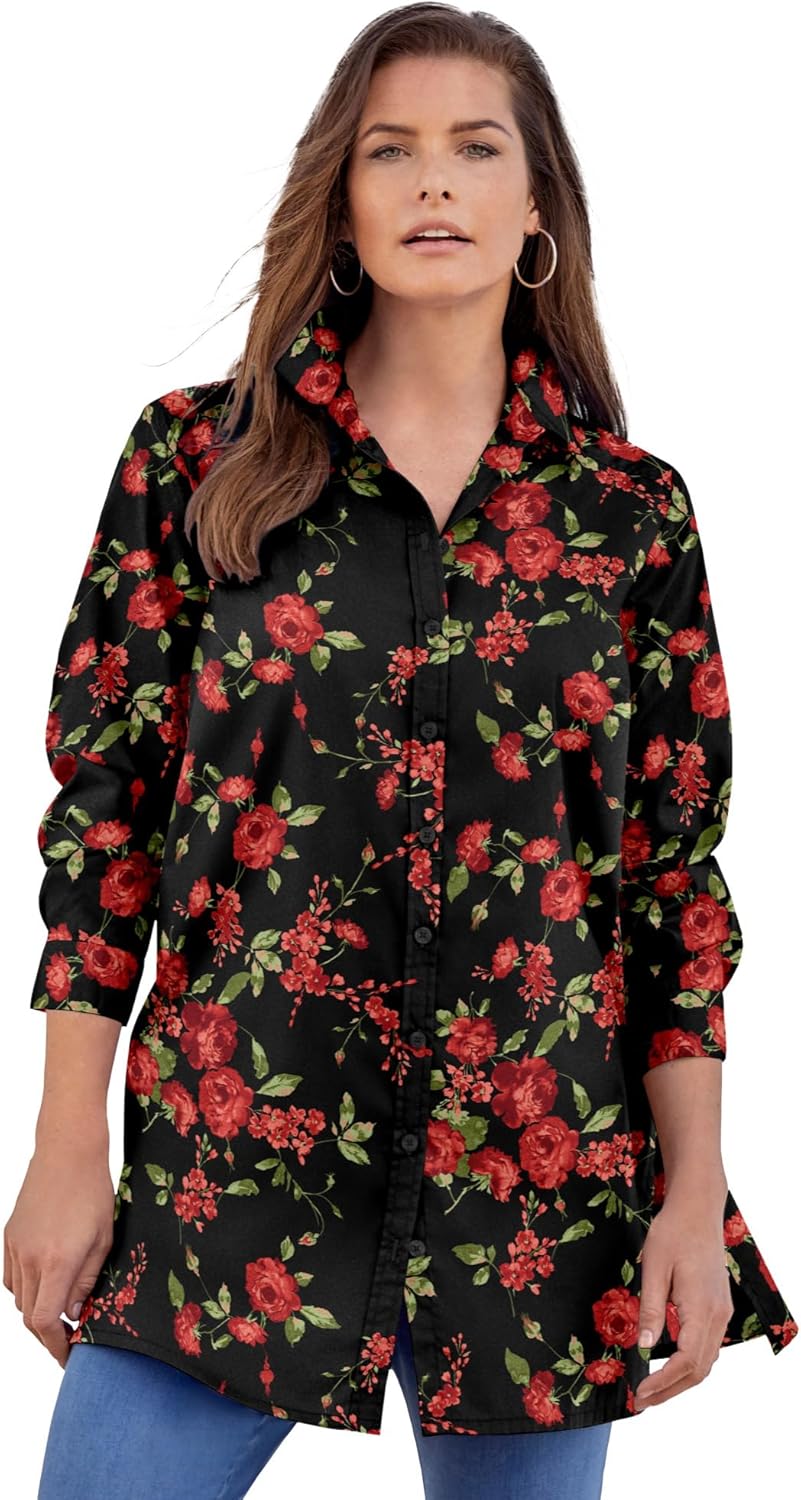 Roaman's Women's Plus Size Plus Size Kate Long Sleeve Tunic Easy Cotton-Blend Button-Front Shirt