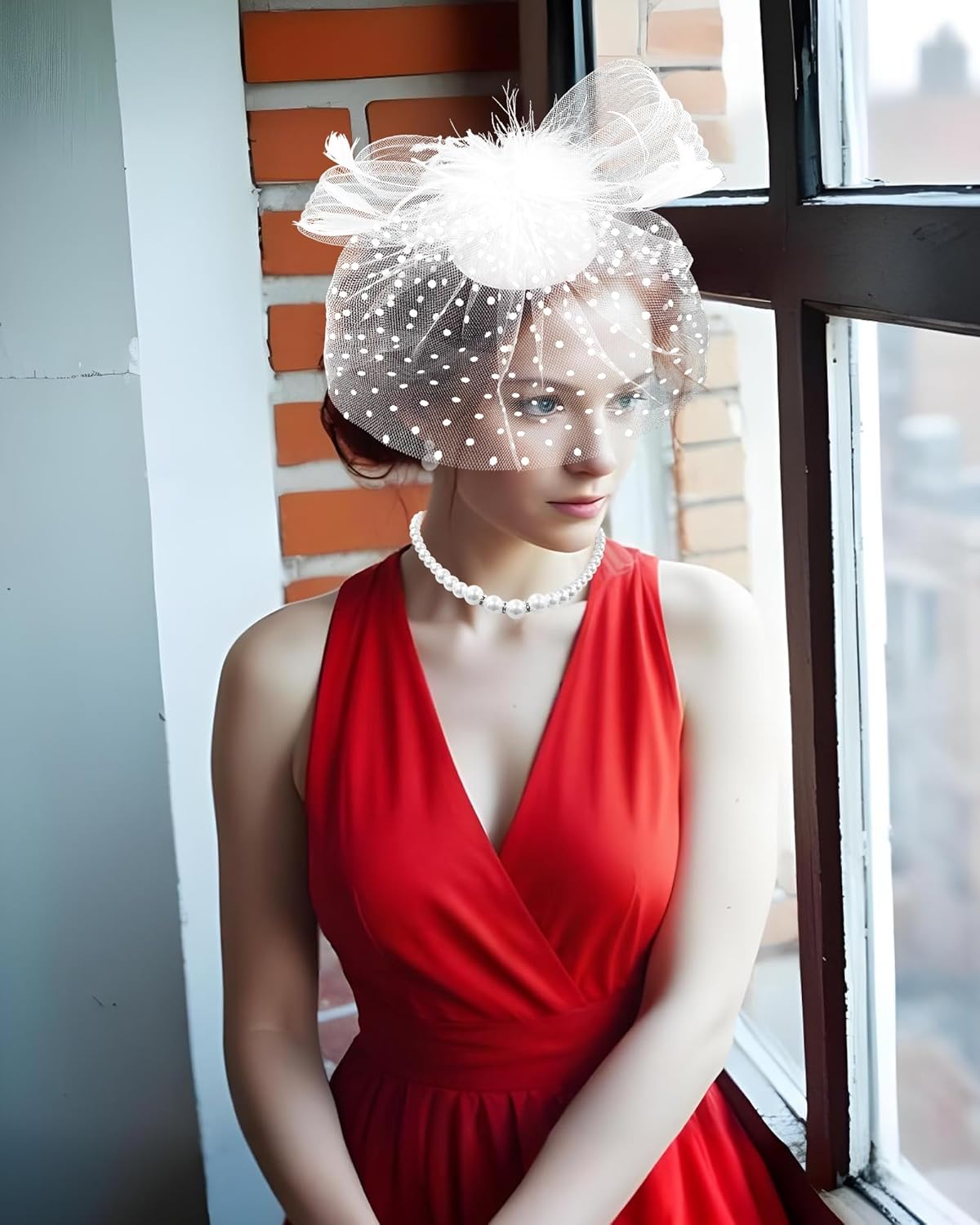 Fascinators Hat with Veil for Women Tea Party Funeral Wedding Cocktail 1920s Events, Satin Gloves and Pearl Jewelry Set - Image 9