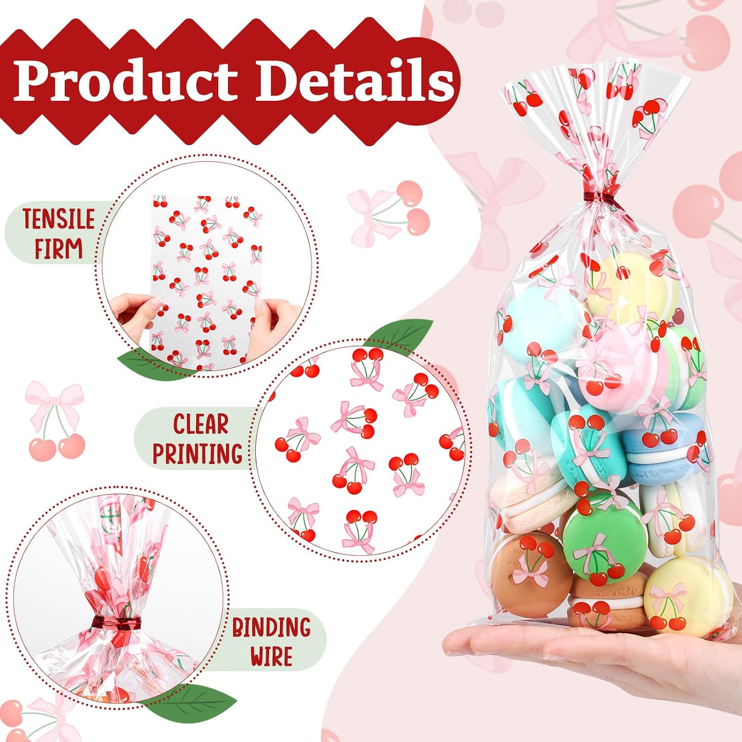Yexiya 100pcs Cherry Cellophane Clear Treat Bags Pink Bows Candy Gift Bag with Ribbon Coquette Printed Plastic Goodie Snack Bags for Baby Shower Birthday Wedding Party Favors