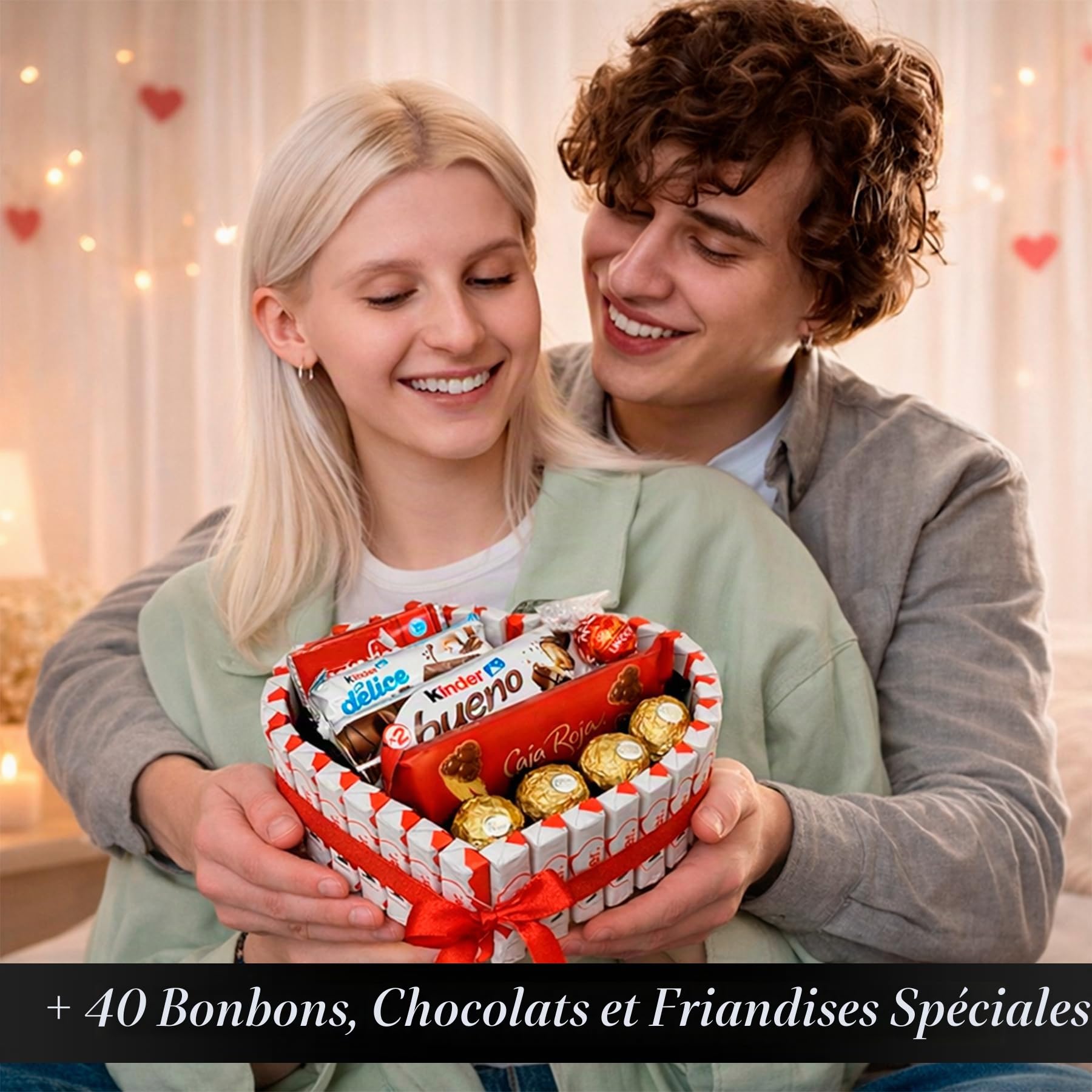 Cœur Surprise Cadeau Saint-Valentin avec Peluche et +40 Chocolats et Confiseries – Ferrero Rocher, Lindt Lindor, Caja Roja, Kinder – Carte Personnalisée