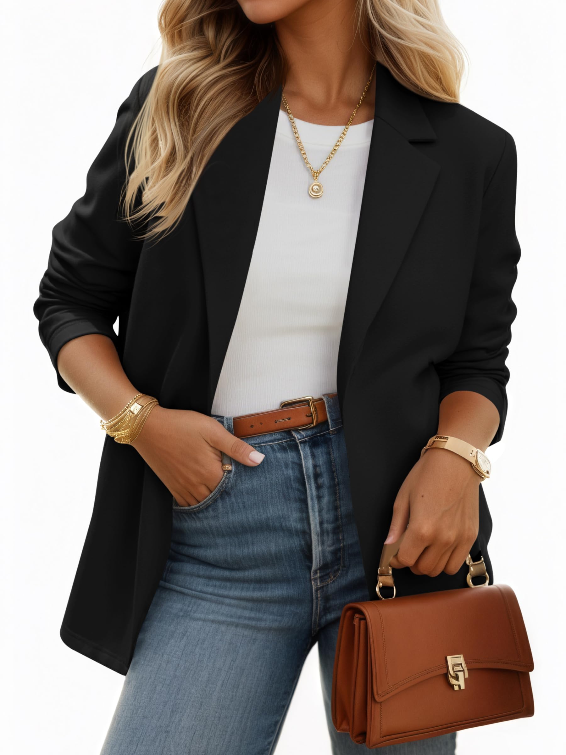 Cicy Bell Womens Casual Knit Blazer Long Sleeve Open Front Blazers Stretchy Work Office Suit Jackets with Pockets