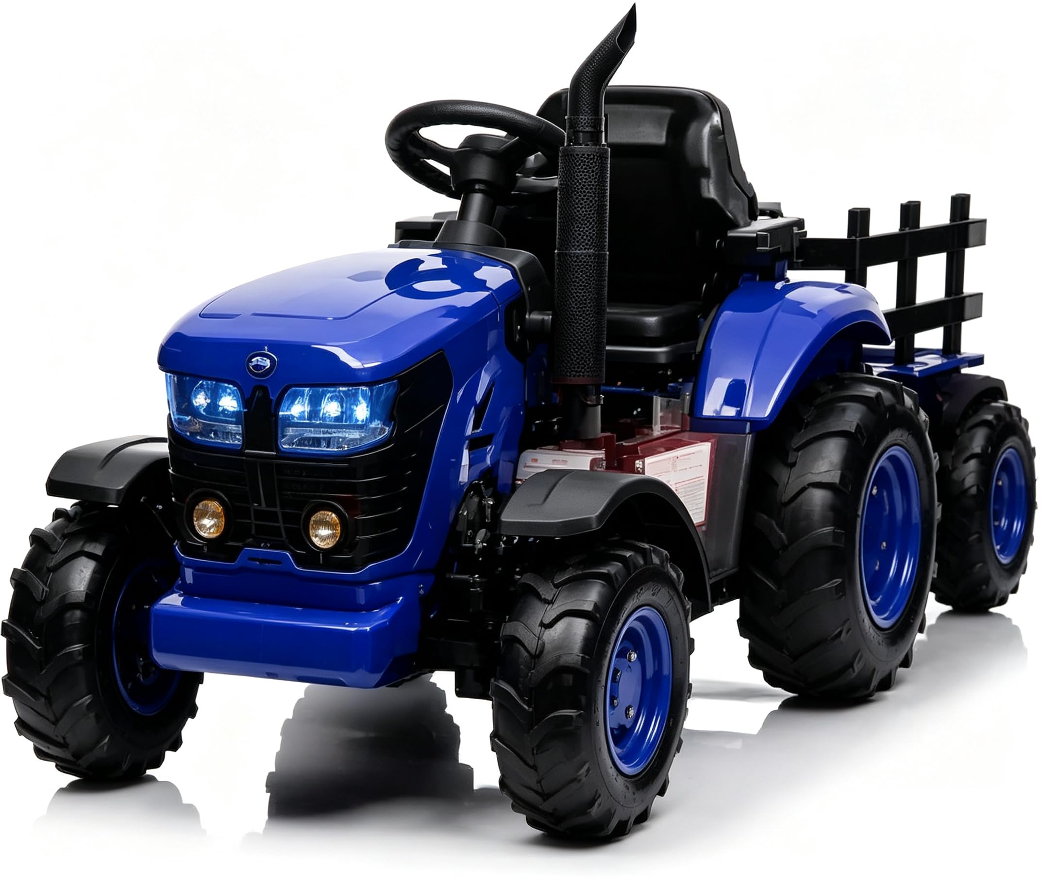Garvee Trattore Elettrico per Bambini, Rimorchio Rimovibile, 6 Ruote, Blu | 12V, clacson, musica integrata, radio, 3 velocità, doppio motore, connessione wireless, porta USB
