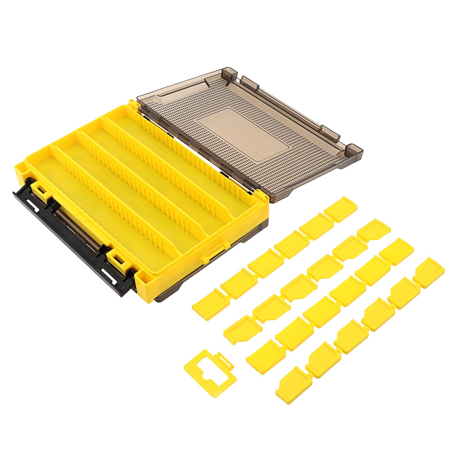 Caja organizadora doble cara para accesorios de pesca, 20,5 x 14,5 x 4,5 cm, con compartimentos y ranuras de esponja, translúcida y resistente al agua