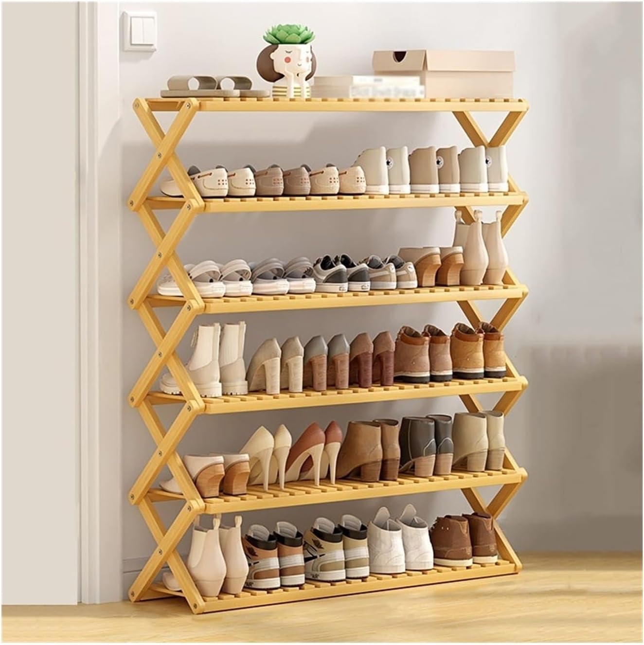 Shoe Rack for Entryway Foldable Shoe Rack, Durable Bamboo Shoe Rack Organizer, X-Shape Structure Free Standing Shoe Storage Shelf for Entryway Closet Shoe Organizer (Color : Natural, Size :