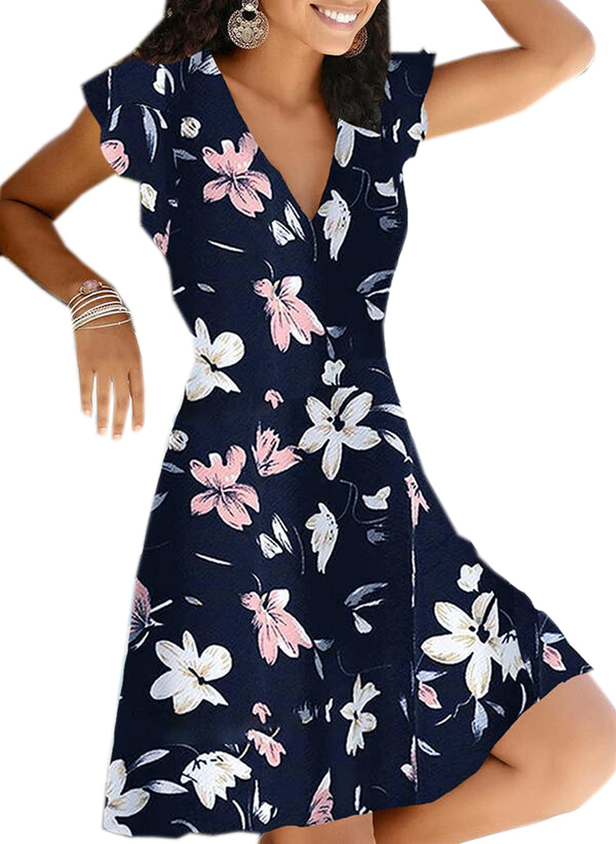 Primavera Y Verano Estampado De Lirio En La Cintura con Cuello En V Jersey Vestido De Mujer Vestido De Banquete Vestido De Playa De Verano