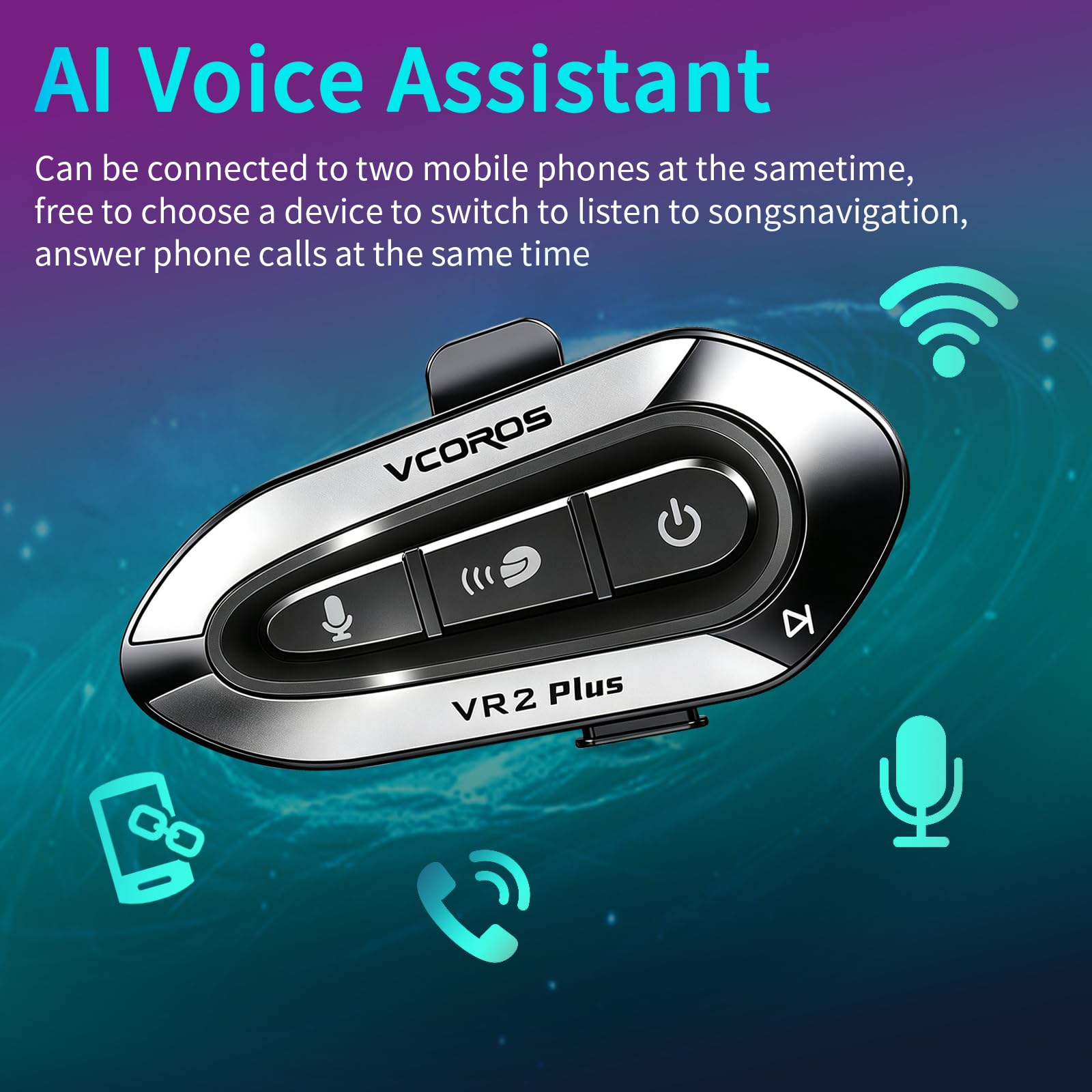VCOROS Intercom Moto VR2 Plus,Système de Communication Bluetooth pour 2 Personne À Moins de 500m,IP56,Mode d'éclairage RGB,Kit Main Libre Moto,Soutien Contrôle Vocal Contrôle Musical (2Pack Hard Mic)
