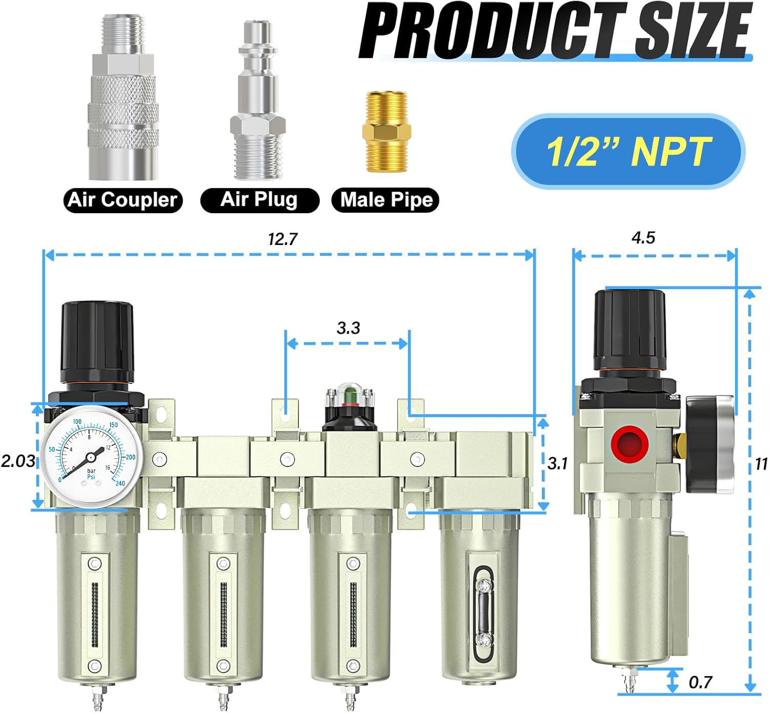 4 Stage Heavy Duty Industrial Grade 1/2" NPT Air Drying System,Manual Drain,Coalescing Filter,Double Particulate Filter,Desiccant Dryer and Air Regulator For Plasma Cutter and Paint Spray