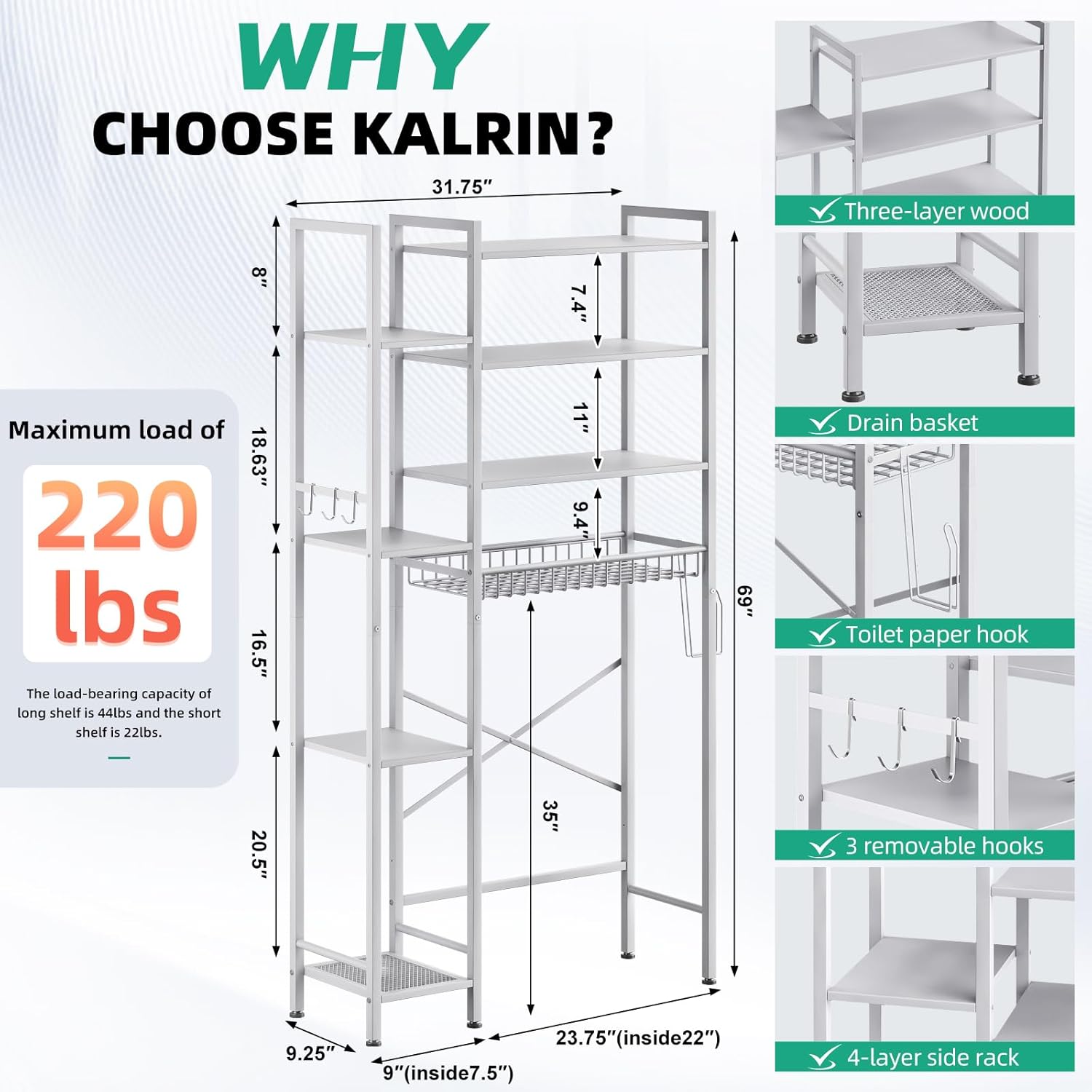 8-Tier Over The Toilet Storage with Side Rack, Over Toilet Storage Rack with Adjustable Shelf & Drain Basket, Freestanding Bathroom Organizer for Balcony, Laundry (Pure White)