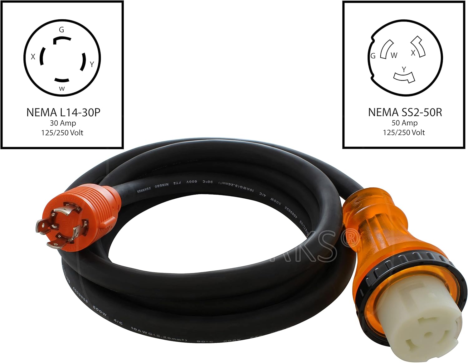 AC WORKS® [L1430M50] Generator L14-30P 30A 4-Prong Plug to 50A RV/Marine Power Inlet Adapter Cord (10FT)