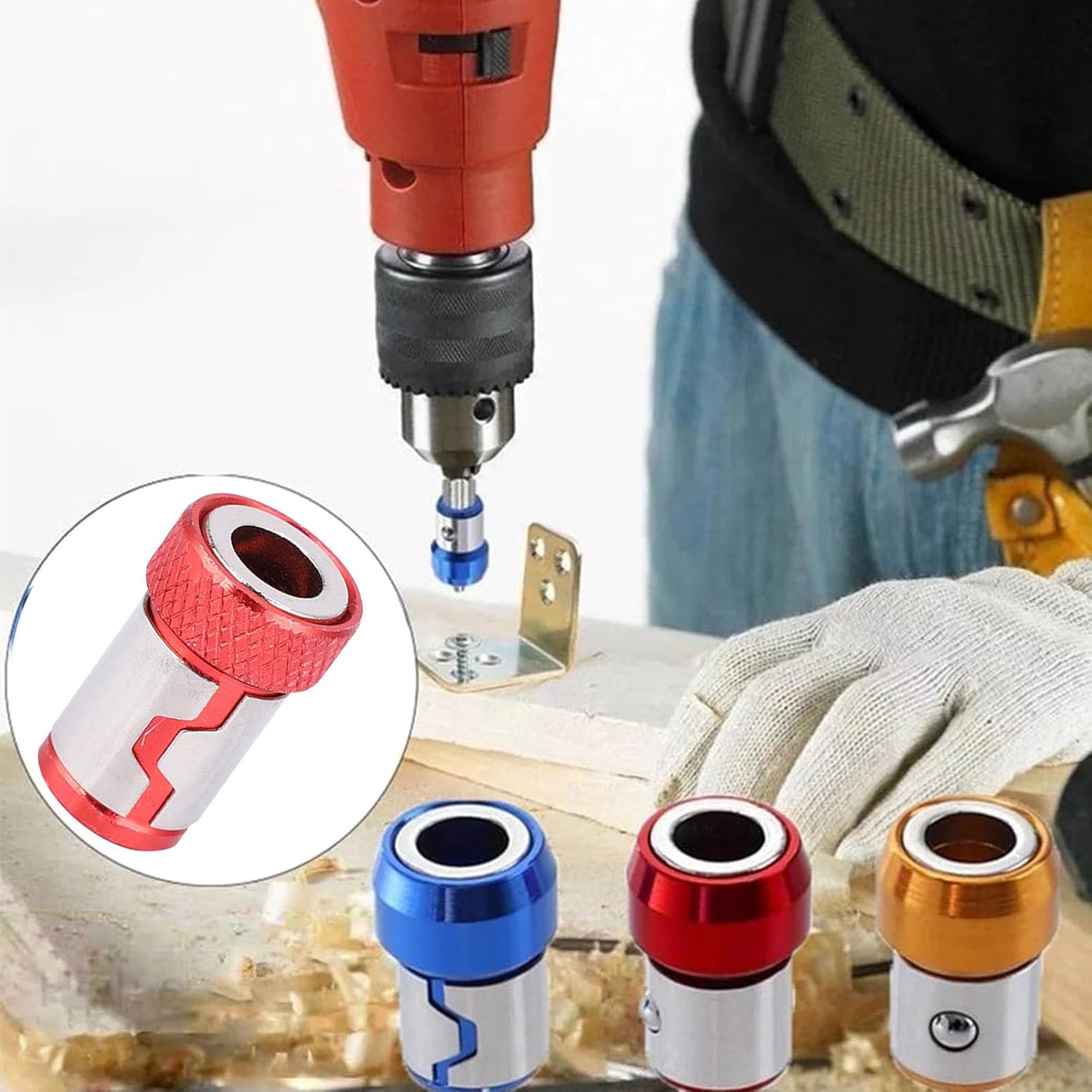 Magnetic Ring Aluminum Alloy Screwdriver Bits Holder for Easy Fixing and Mounting Red Yellow (Red)