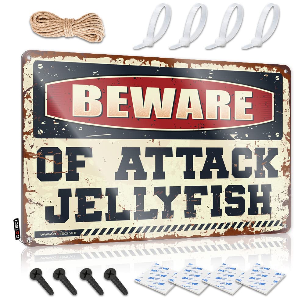 ZTBBDNQHA Funny Signs Metal Beware Of Attack Jellyfish Tin Sign Vintage Funny Tin Sign Bbq Signs Outdoor(30X40CM)