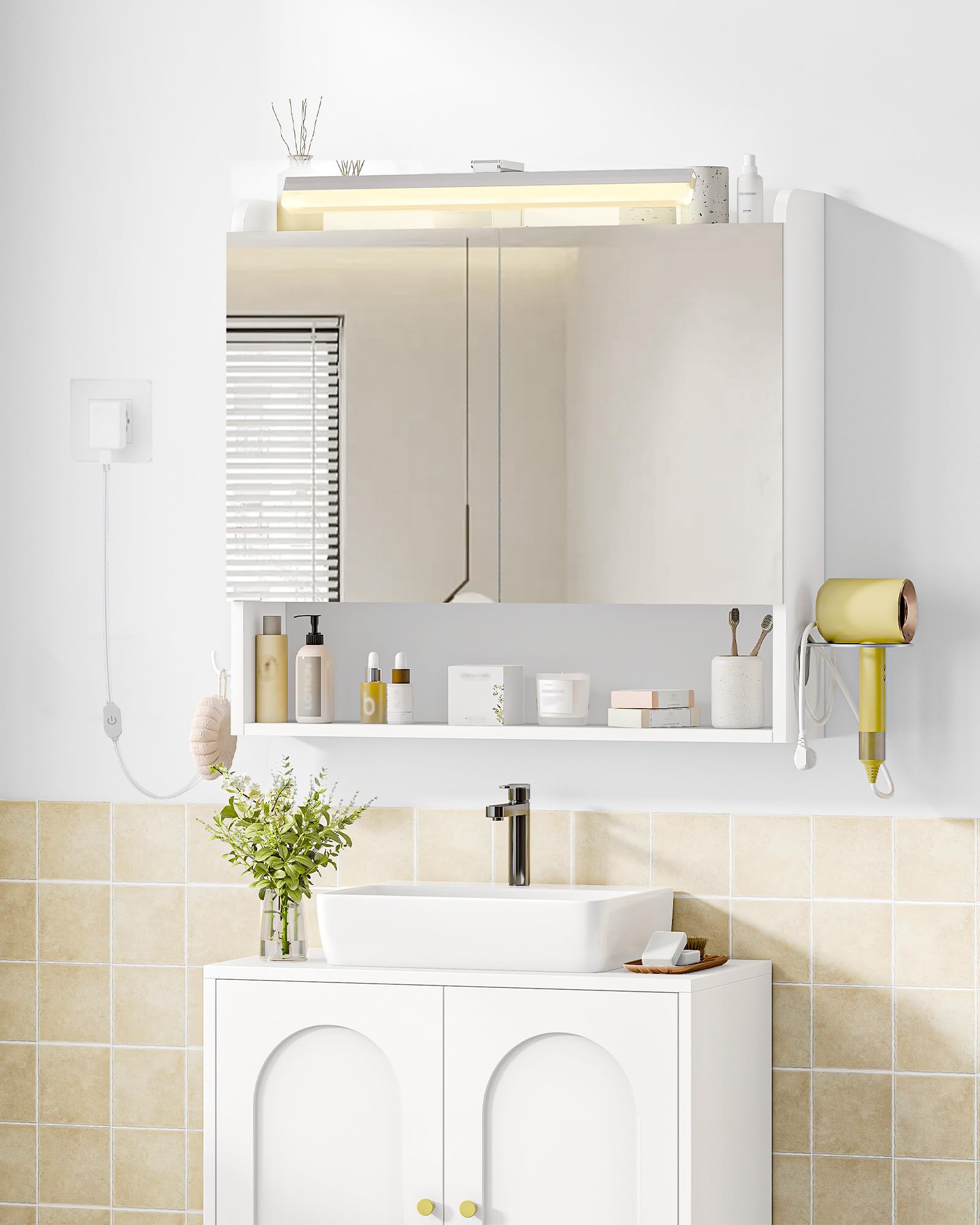 Hzuaneri Bathroom Cabinet with Mirror, LED Lights, Hair Dryer Shelf, Hooks, White, 16.5 x 70 x 75 cm - Image 2