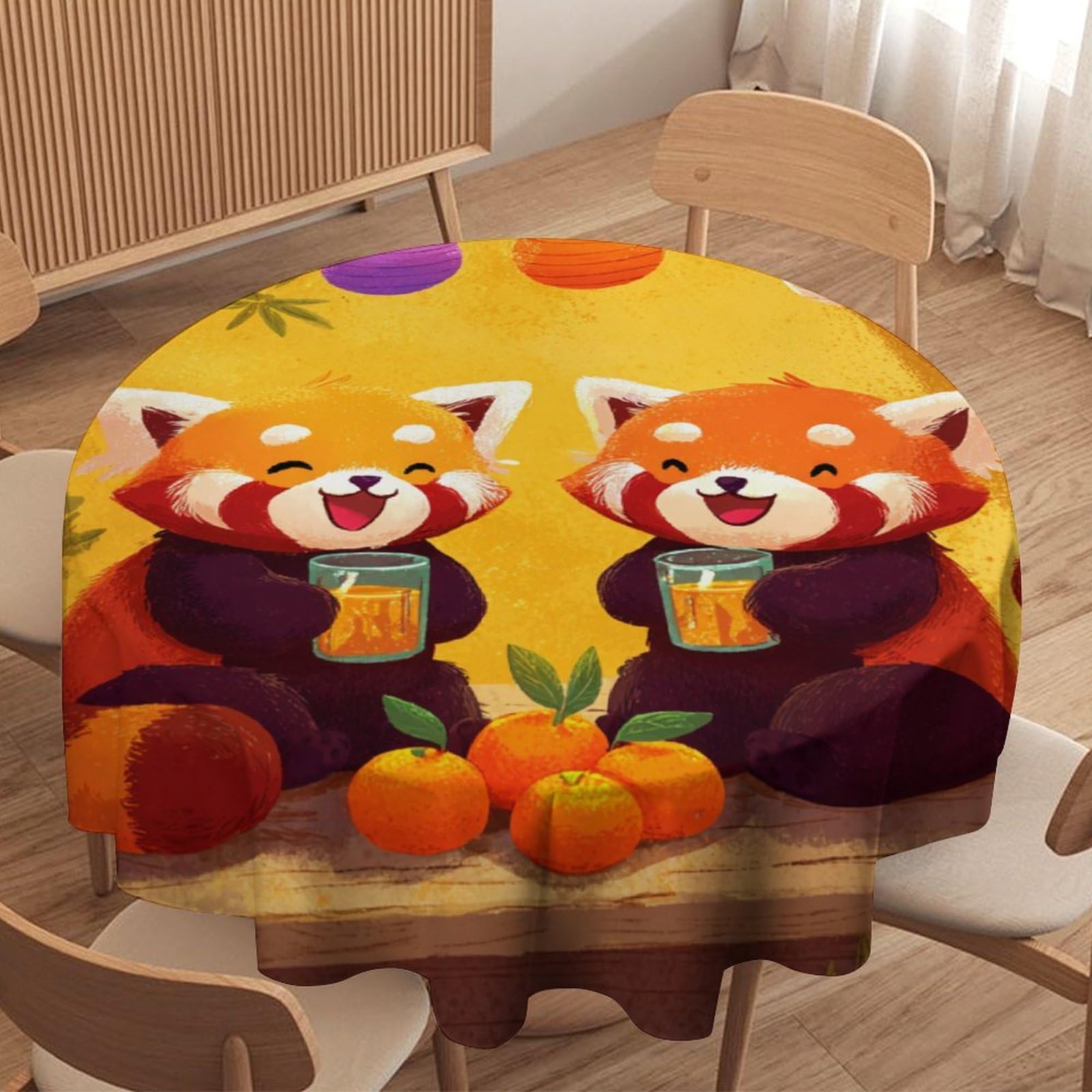 LUYYSKY Vintage Oil Painting Red Panda Waterproof Round Tablecloth Funny Watercolor Botanical Plants Animals Red Pandas Pattern Washable Table Cover for Kitchen-127 Wx127 L cm
