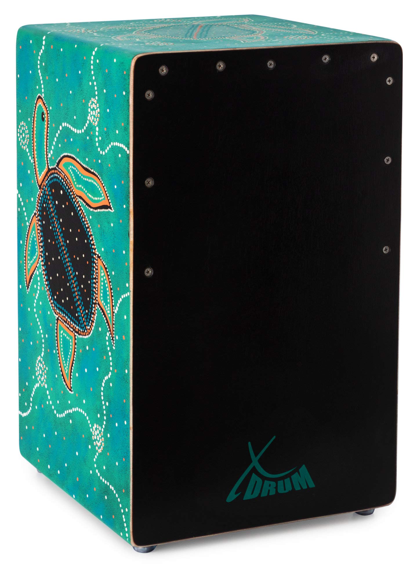 XDrum Design Series Cajon “Turtle” - Cajon da designer dipinta a mano con tartarughe in Dot Art - Porta bassi integrato - Corpo in HPL (High Pressure Laminate) - Snare fissa installata