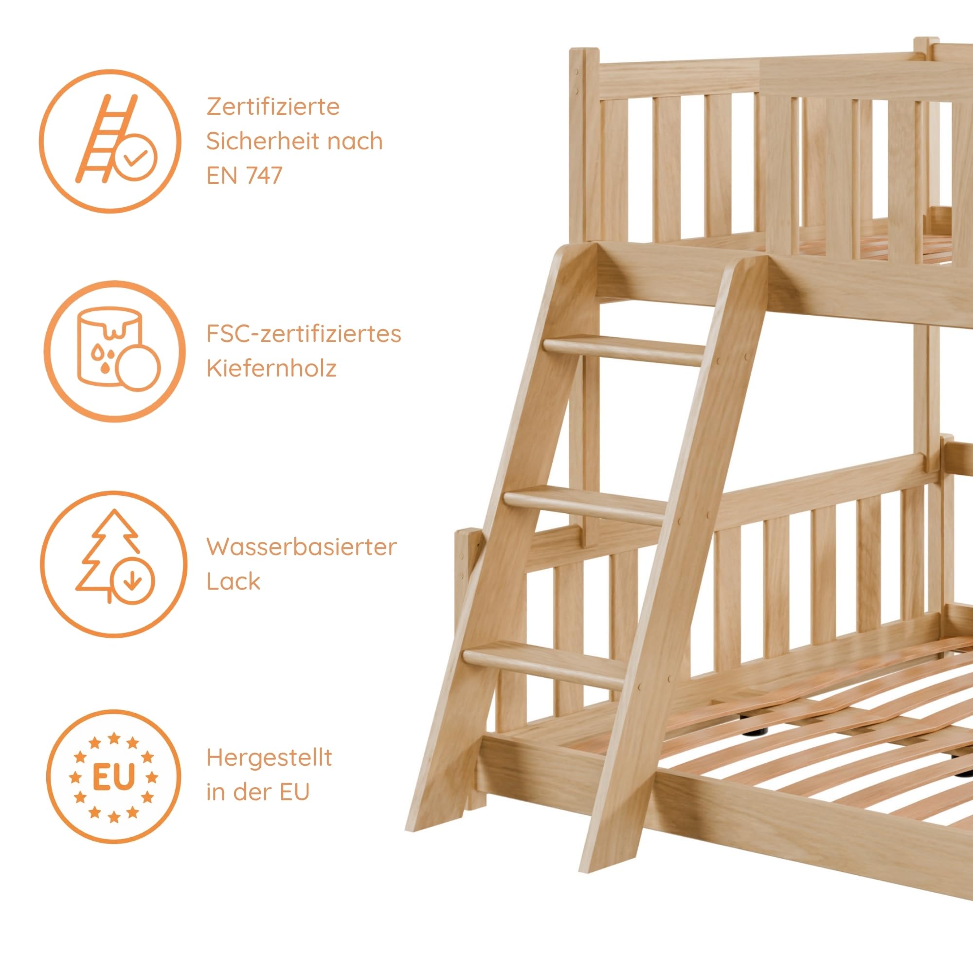 Kids Collective Etagenbett 90x200 / 120x200 Kinderbett Jugendbett Stockbett Hochbett mit Leiter, Rausfallschutz & Lattenrosten, Kinder Bett von 4. bis 16. Lebensjahr Natur