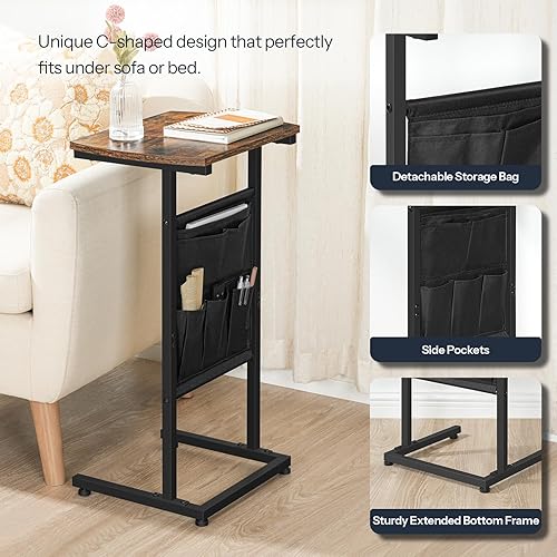 Miniatura 4 de HOOBRO Juego de 2 mesas auxiliares en forma de C, mesa auxiliar pequeña para sofá con bolsa de almacenamiento, deslizante debajo del sofá, mesa C