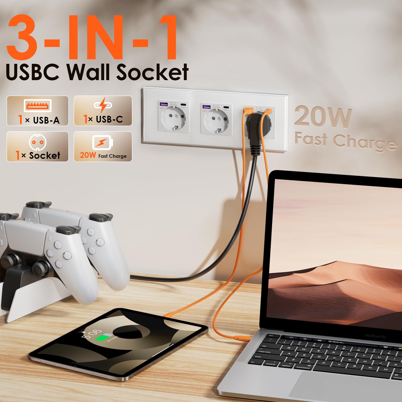 BSEED Schuko Steckdose mit USB C 20W Schnellladegerät USB Type C Wandsteckdose mit Glas Panel,3 Fach Steckdose,USB Steckdose Unterputz, Einbausteckdose Geeignet für Phone,Pad,MP3 und mehr-Weiß,4 Stück