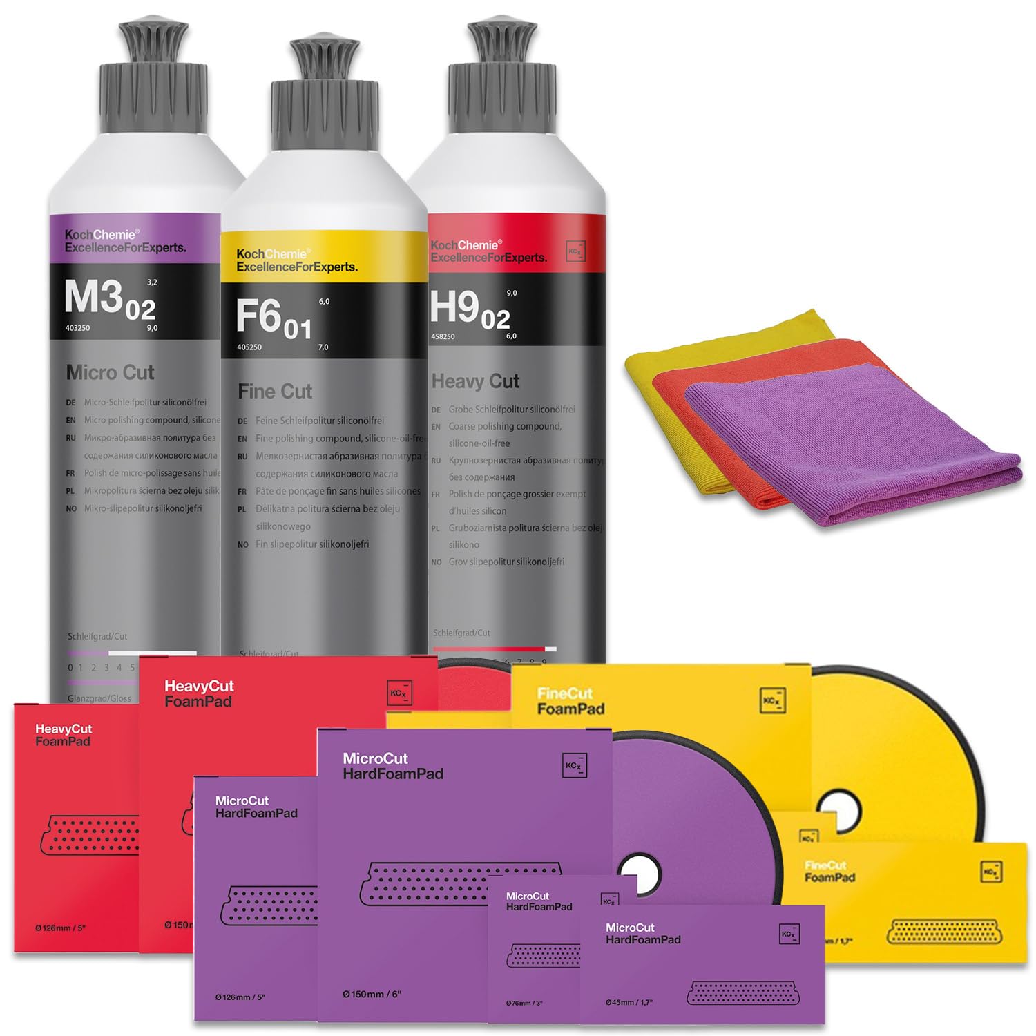 wortek Juego de abrillantador con almohadilla de espuma y paño de pulido: Heavy Cut + Fine Cut + Micro Cut Koch Chemie Polituren (3 almohadillas de 150 mm + abrillantador de 250 ml + paños de pulido)
