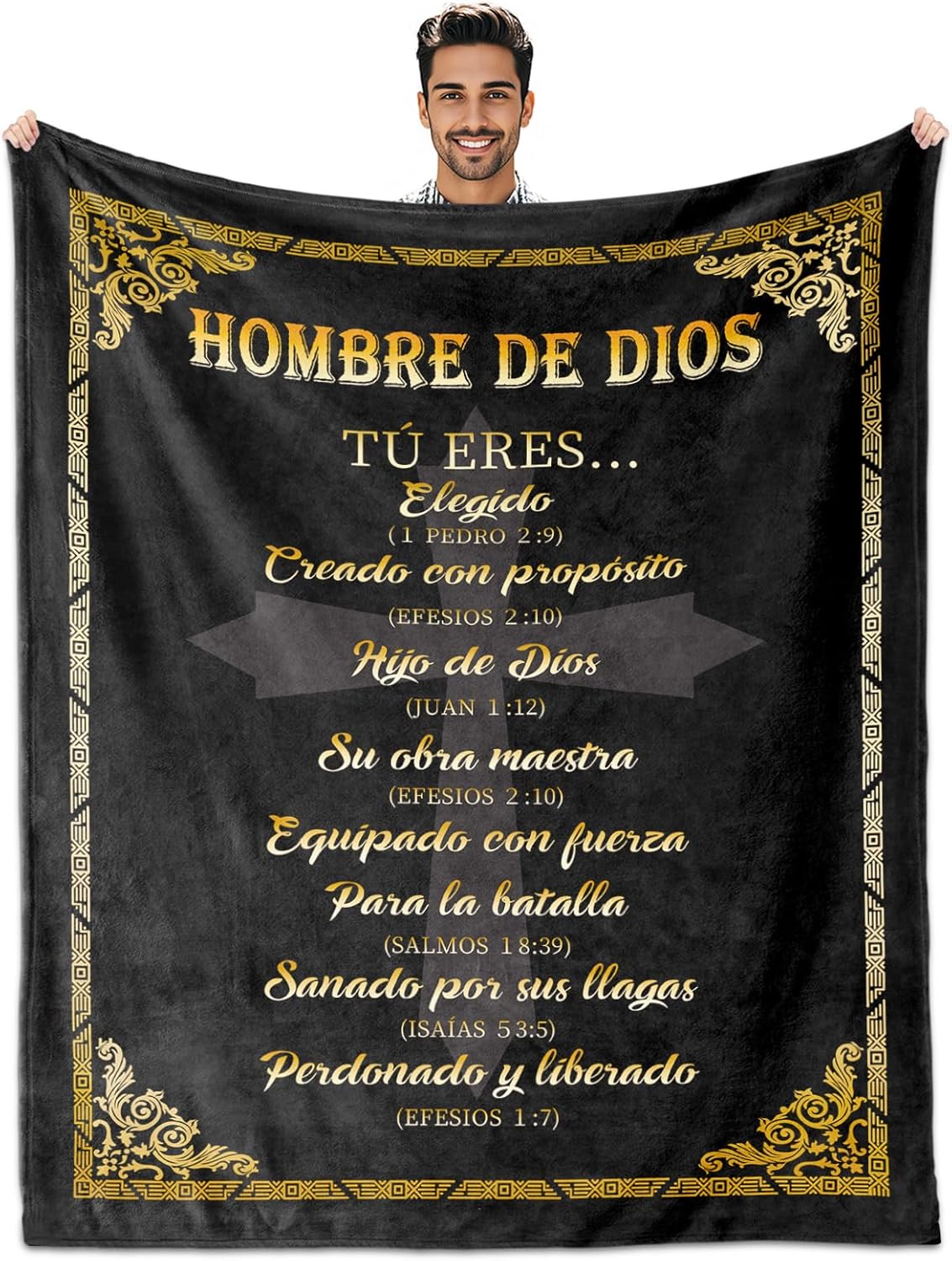 Religious Gifts for Men Faith, Regalos Cristianos para Hombres, Spanish Christian Blanket 50"X60", Man of God Blanket in Spanish, Hombre de Dios español, Black