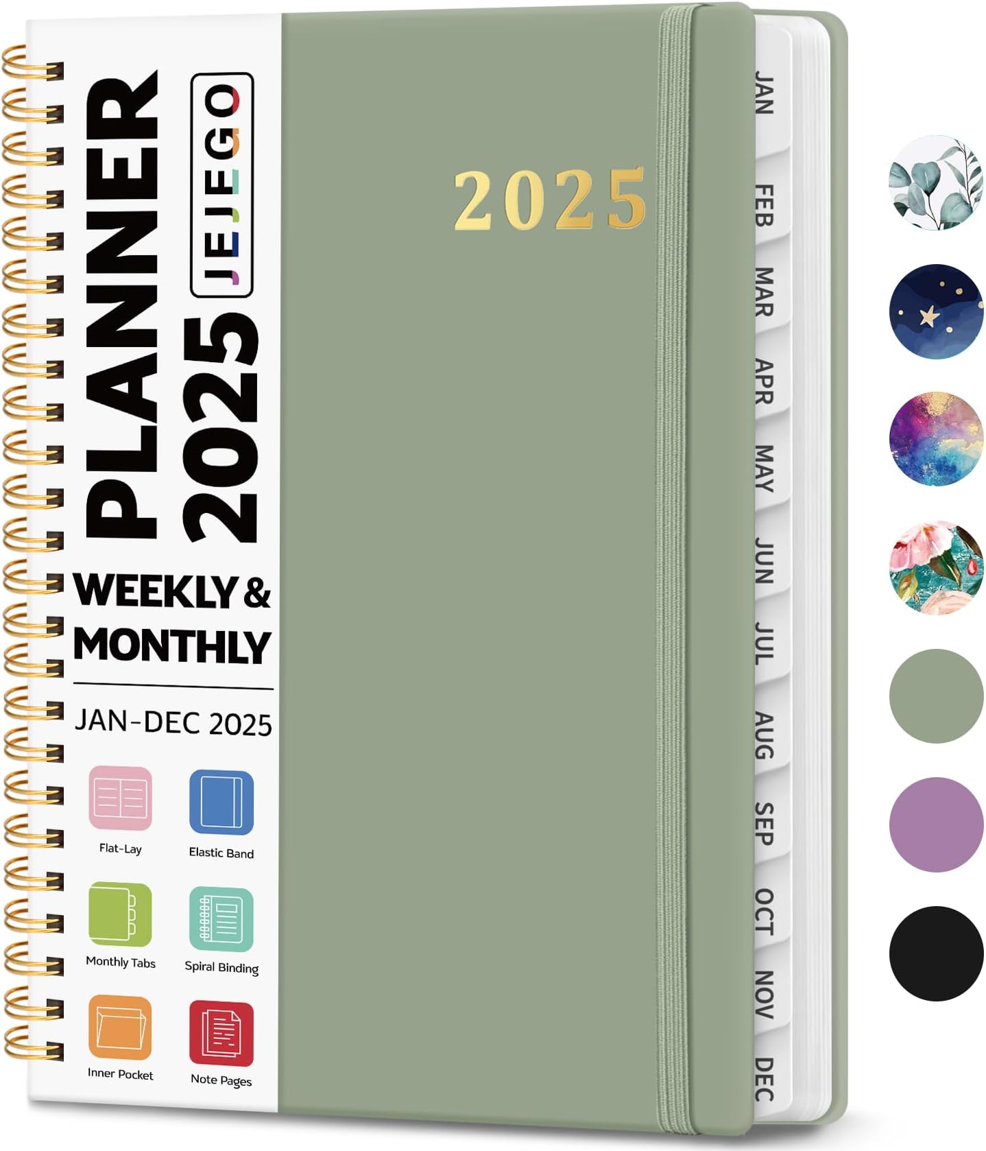 2025 Planner, Weekly and Monthly Calendar Planner Book, January 2025 - December 2025, HardCover Planner 2025 with Monthly Tabs, Notes Pages, Spiral Bound, Inner Pocket, A5 (6.4" x 8.5") - Green