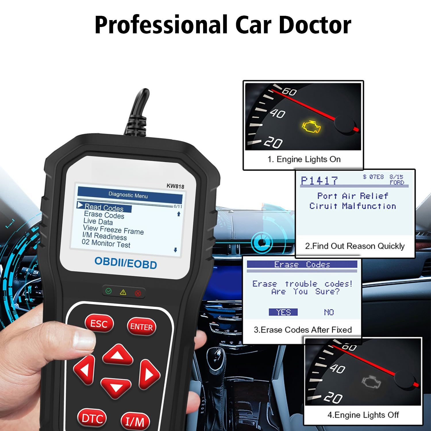 KW818 High-End OBD2 Scanner für 12V Benzinfahrzeuge mit Fehlercode Lesen/Löschen, Motorfehlerlichtdiagnose & Batteriespannungstest