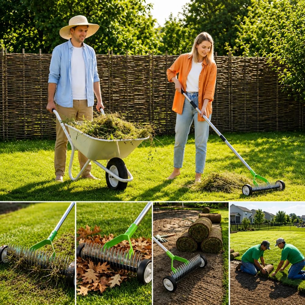 Manueller Hand-Vertikutierer & Rasenlüfter auf Rädern mit 130cm Stiel & Gartenhandschuhen, Aerifizierer mit 21 verzinkten Stahl-Klingen, Rollrasenlüfter für optimale Rasenpflege & Moosentfernung