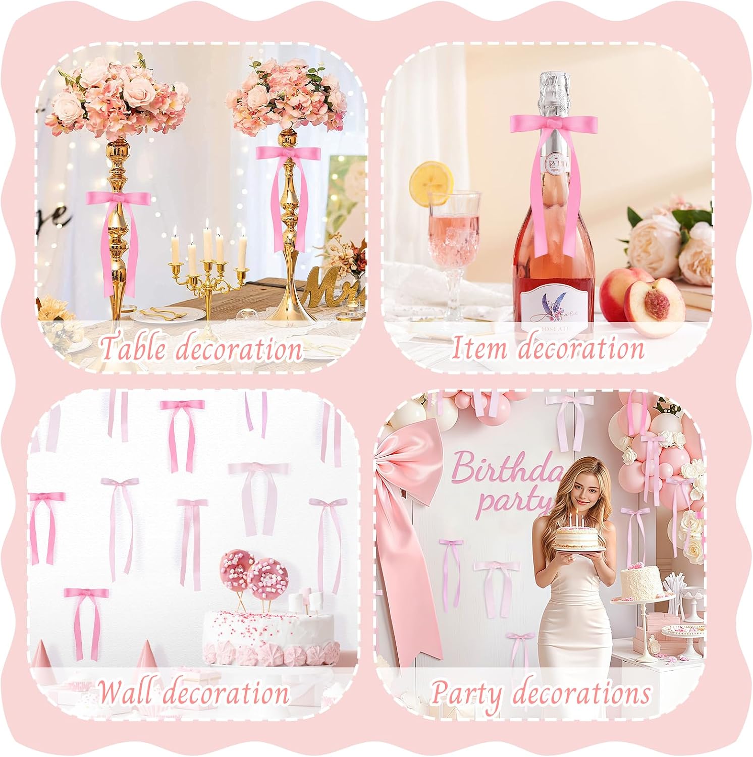 Babenest 5 Sizes Pink Bows Wall Decor, 40Pcs Satin Ribbon Bows for party