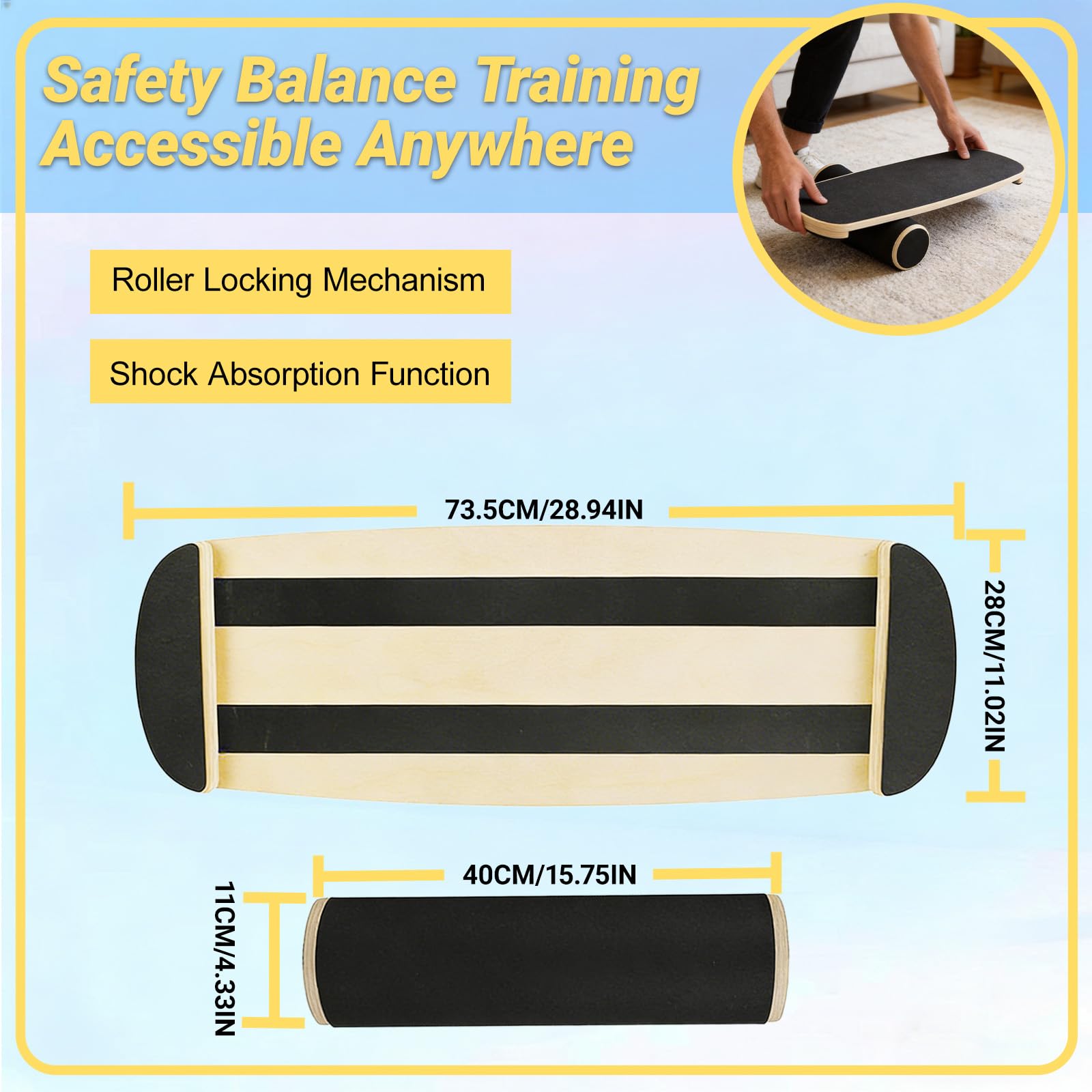 Balance Board Roller Holz, Trainer Rollbrett Balance Trainingsbrett, Surfin BalanceBoard Rutschfest Gleichgewichtstrainer für Einsteiger&Profis, Körperkontrolle Exerciser Schwarz