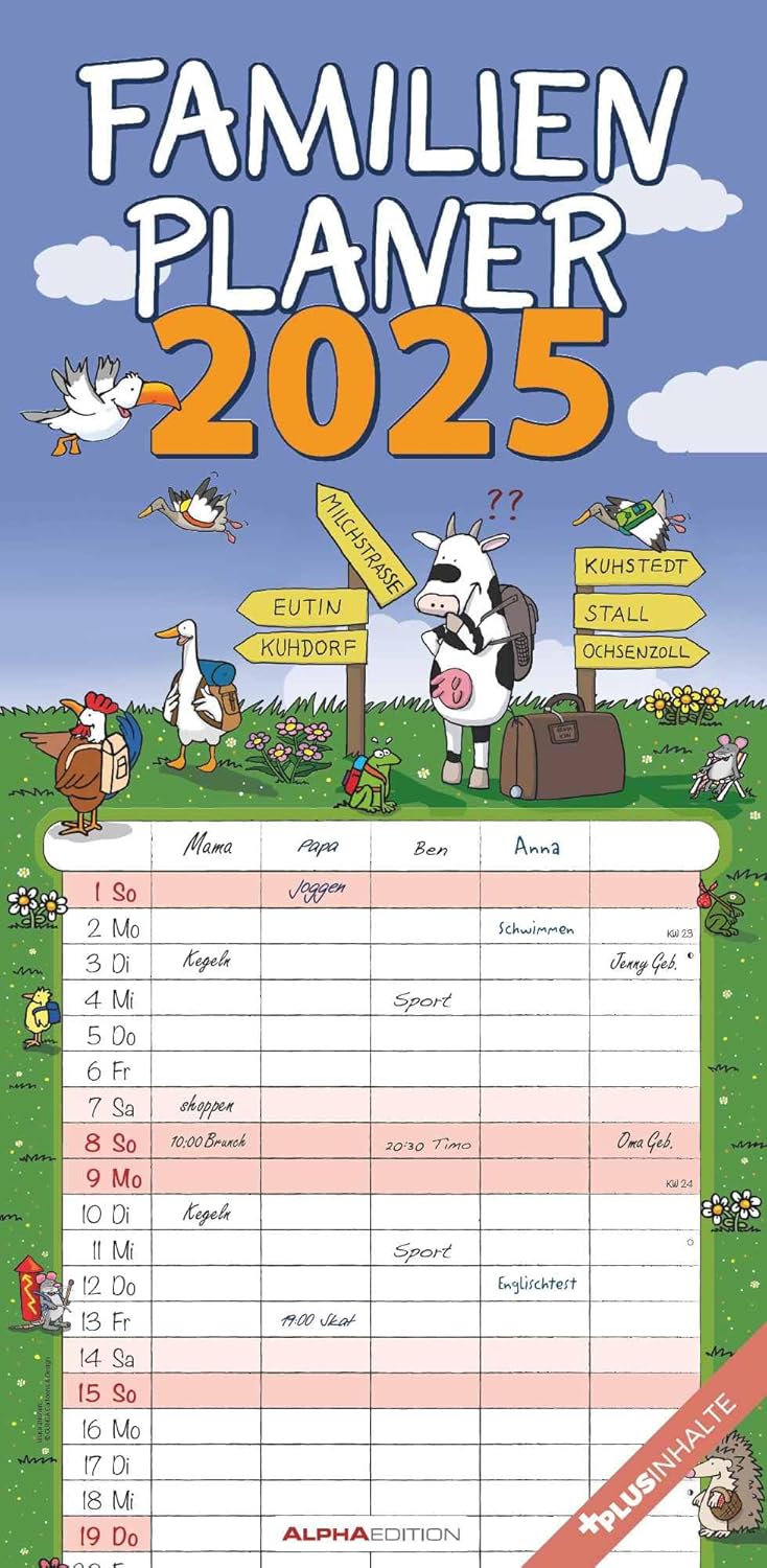 Alpha Edition - Family Planner Happy 2025 Family Timer, 22 x 45 cm, Family Calendar with 5 Columns, Holiday Dates, 100-Year Calendar, Illustrations by GUNGA and German Calendar